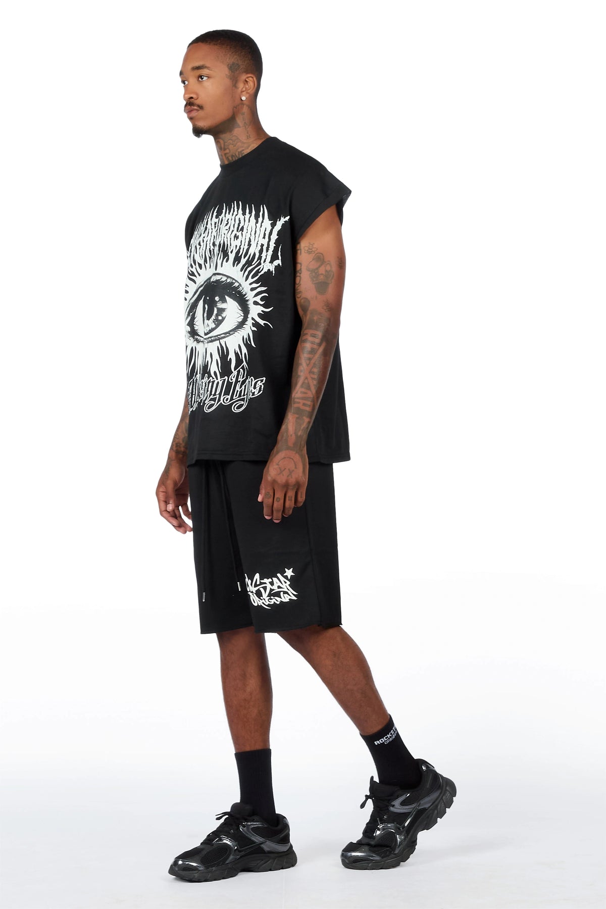 All Seeing Eyes Black Cut Sleeve Short Set