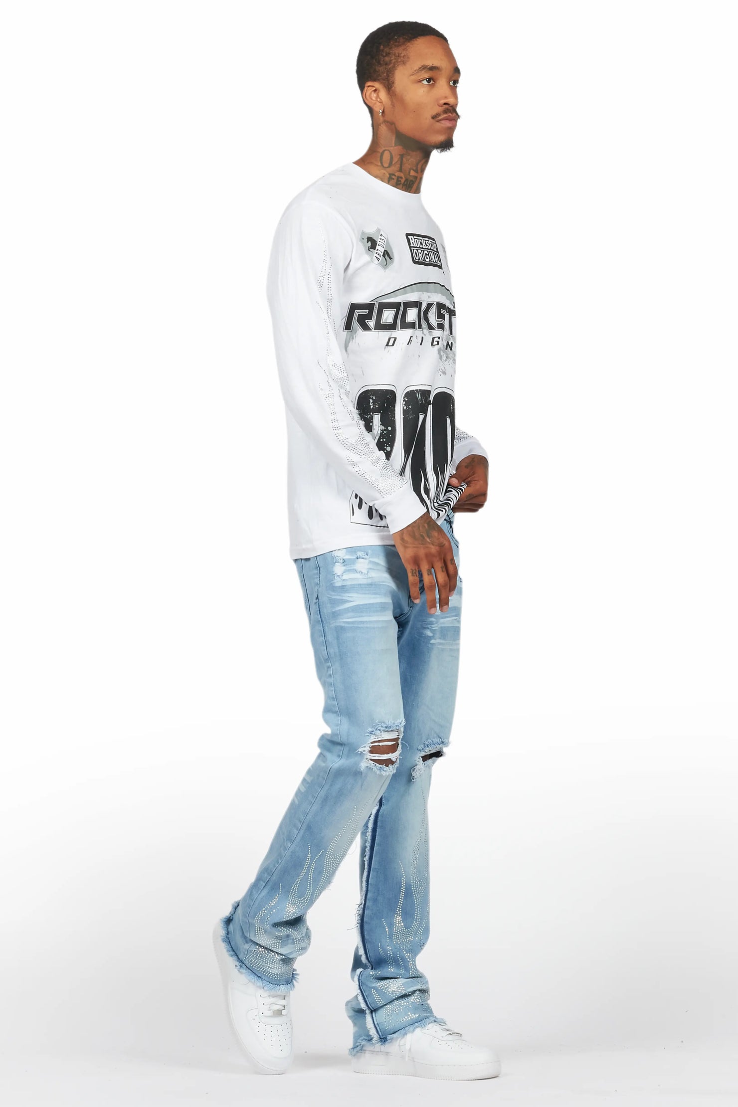 Amos White/Blue Rhinestone Long Sleeve T-Shirt/Stacked Flare Jean Set