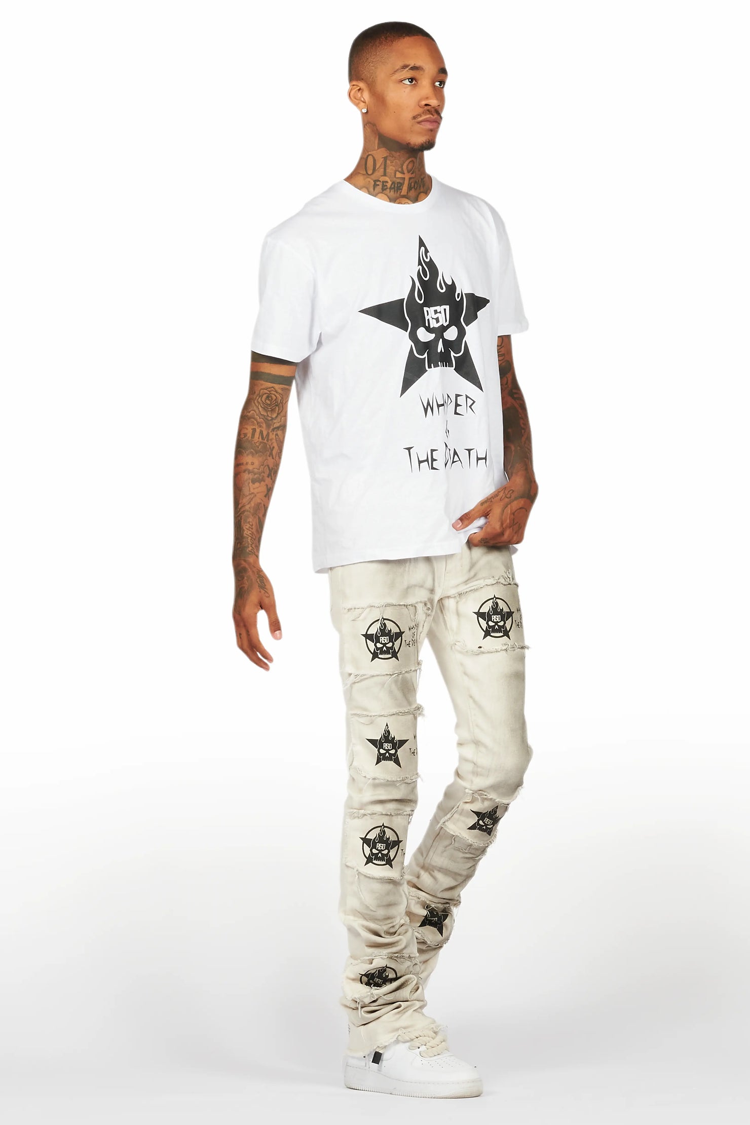 Jadon White/Beige T-Shirt/Super Stacked Flare Jean Bundle