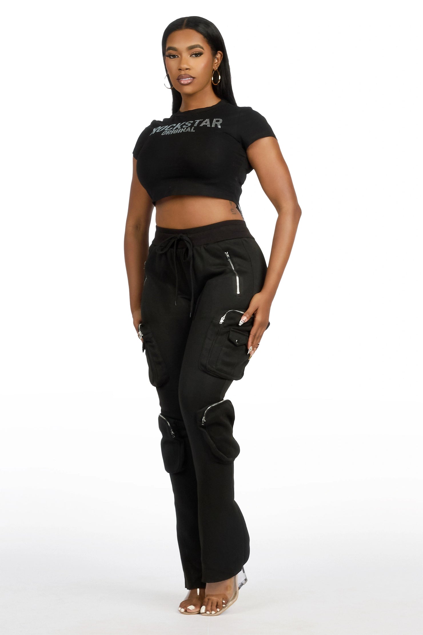 Cheronnie Black Cargo Stacked Track Pant