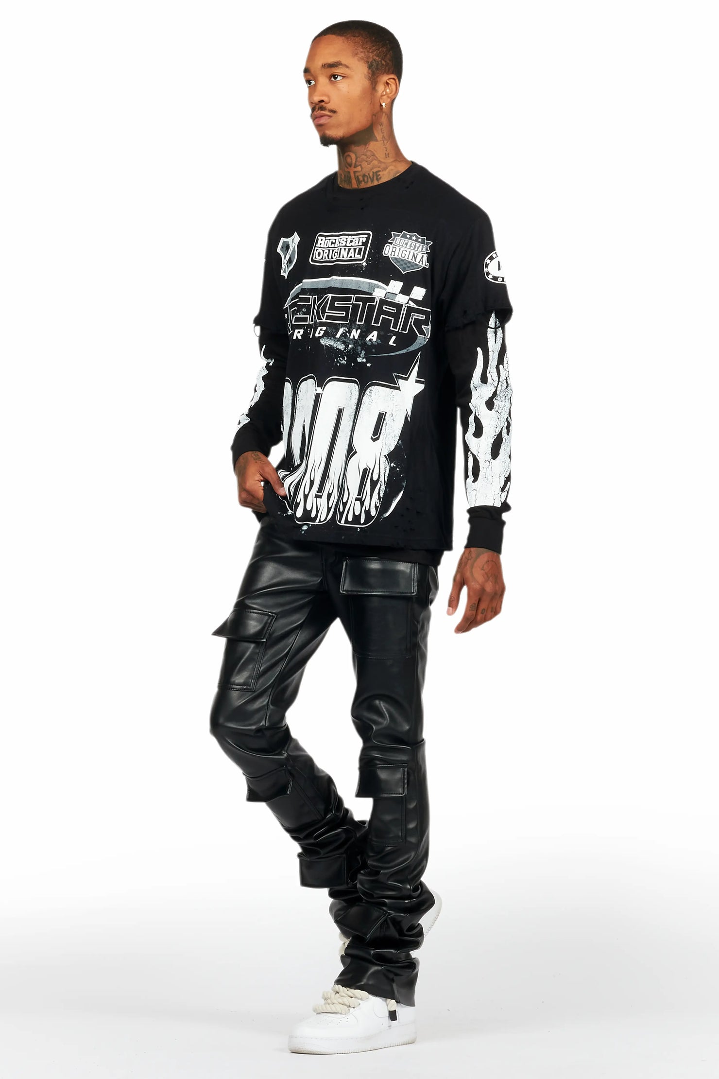 Petrus Black PU Stacked Flare Leather Jean