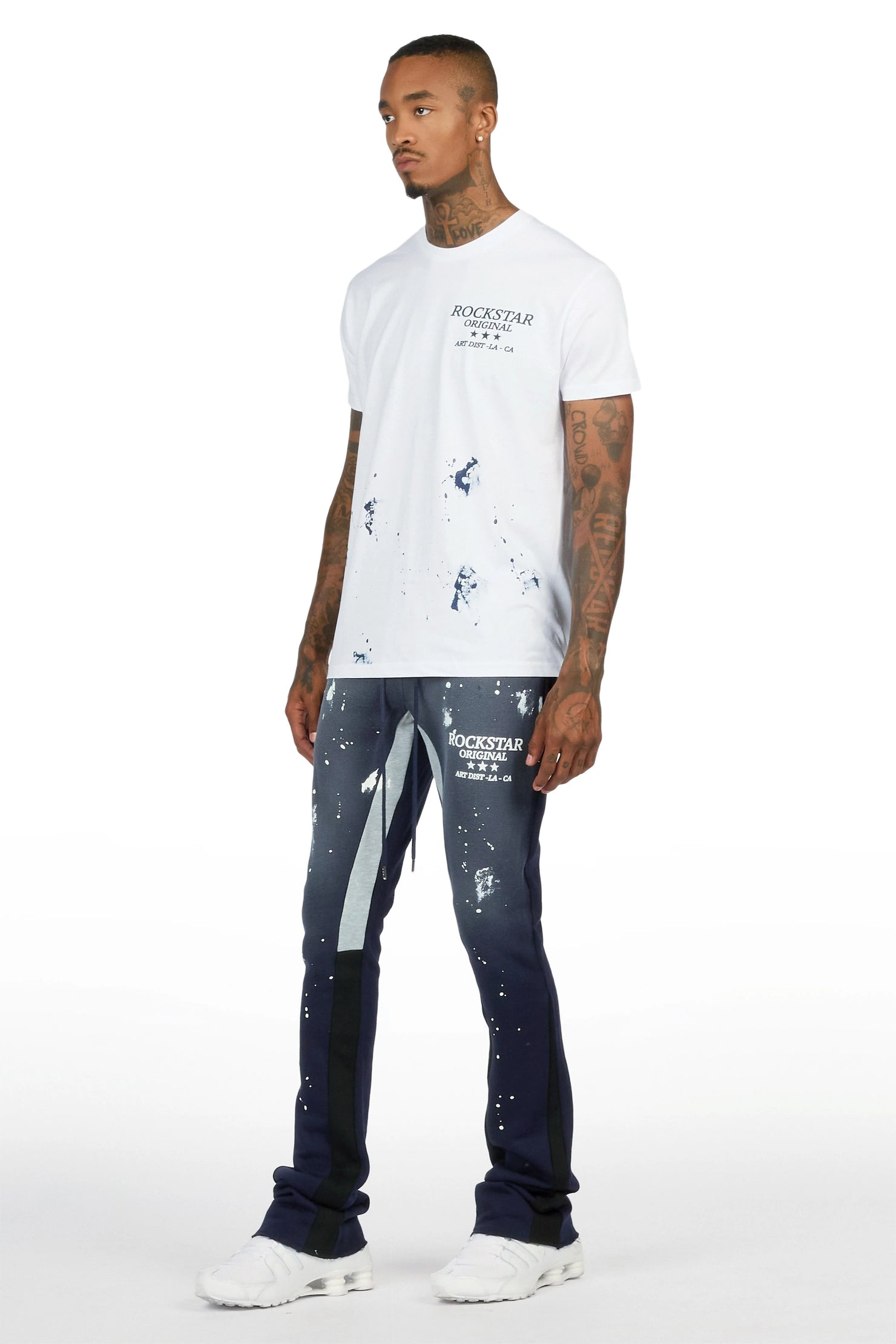 Damek White/Navy T-shirt/Stacked Flare Track Pant Set