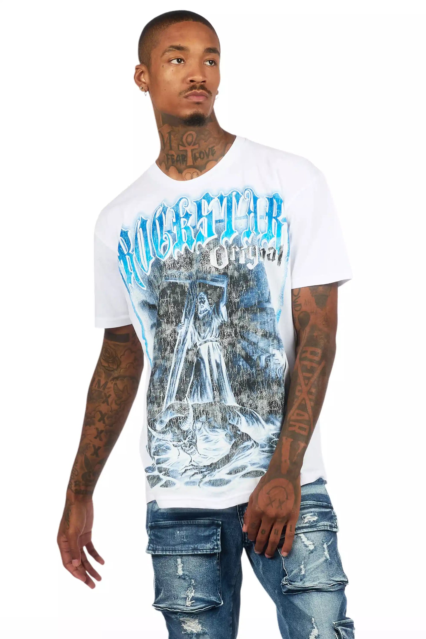 Renzo White/Blue Oversized Graphic T-Shirt