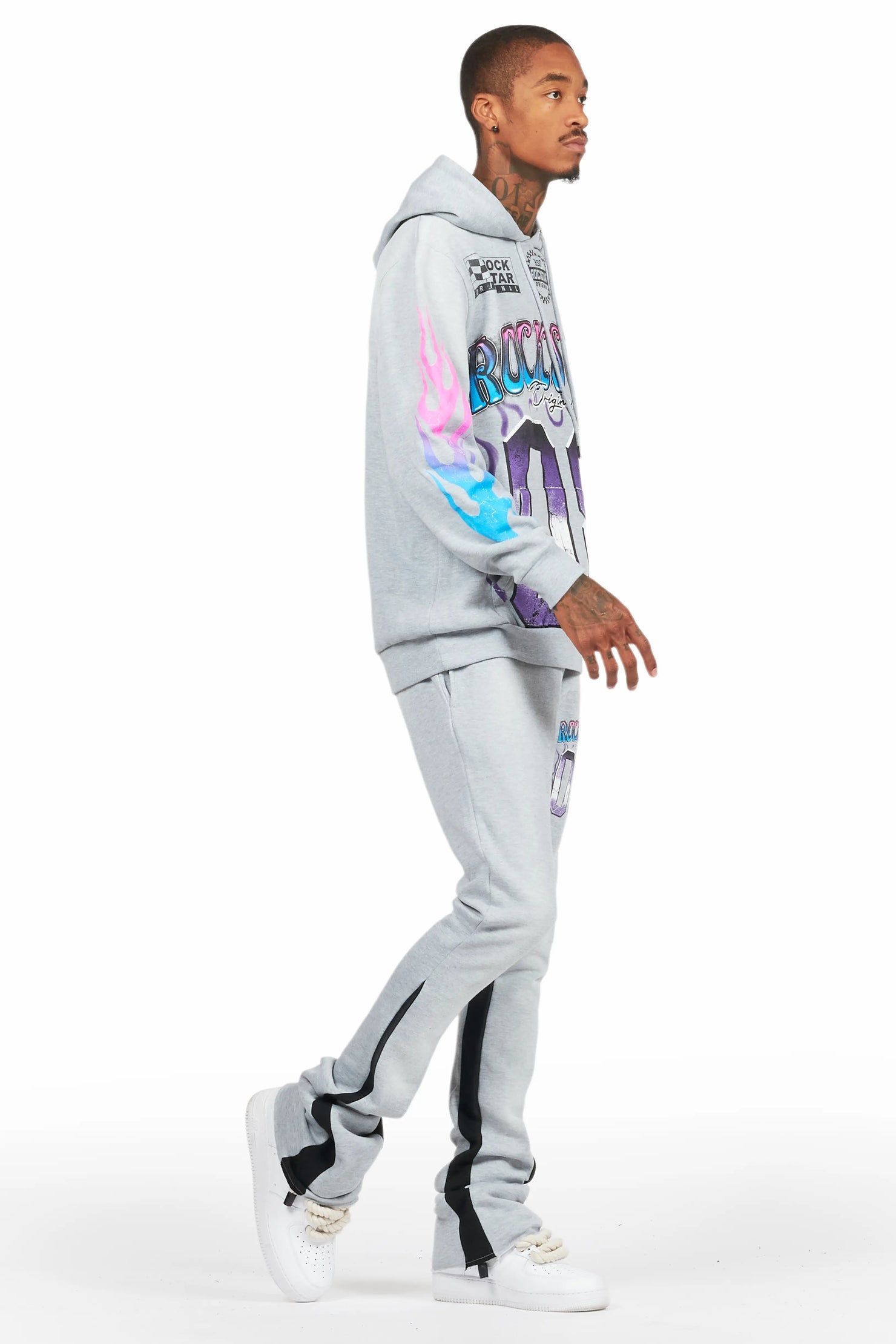 Quito Heather Grey Stacked Flare Hoodie Track Set