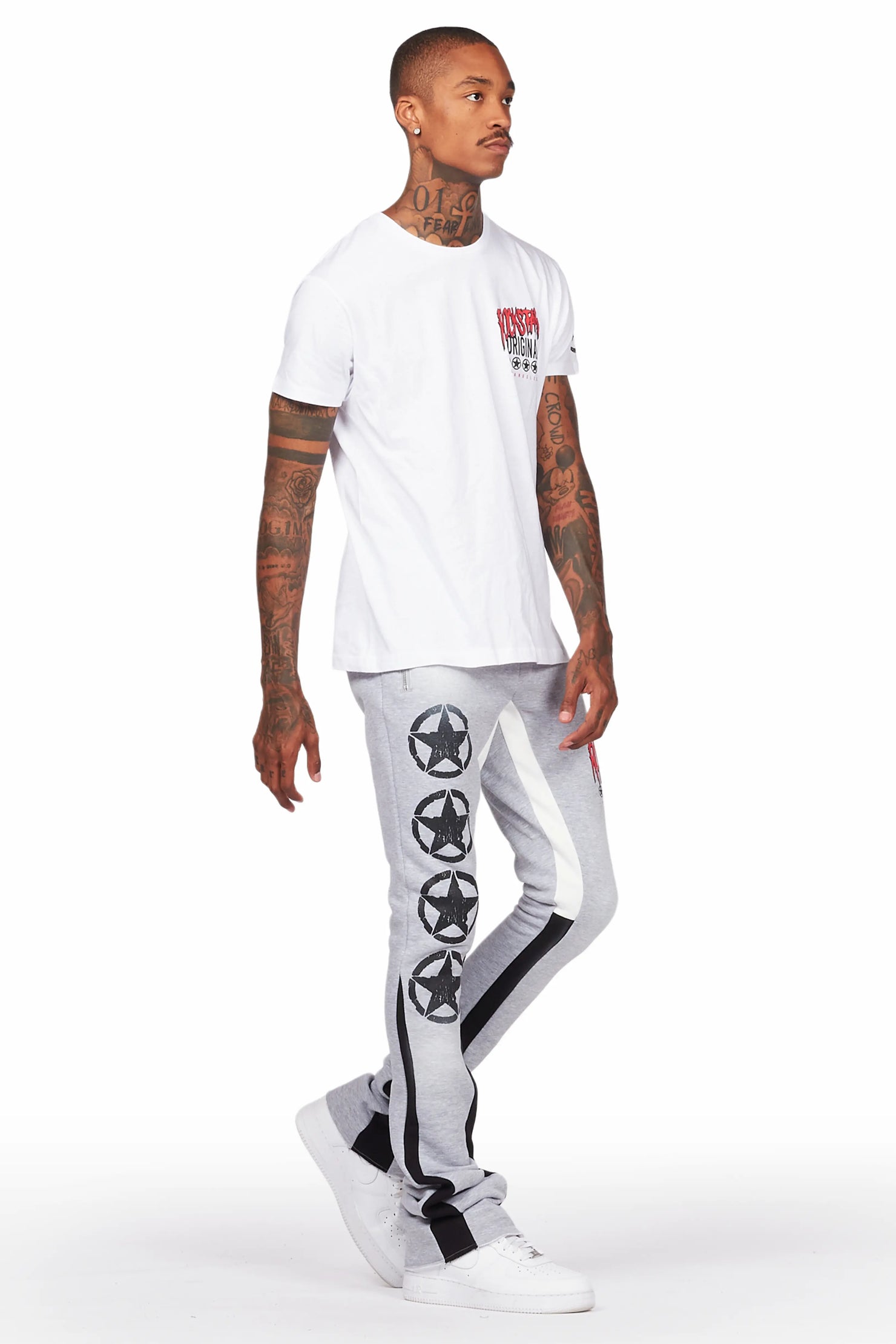 Wizzurd White/Grey T-Shirt/Stacked Flare Pant Set