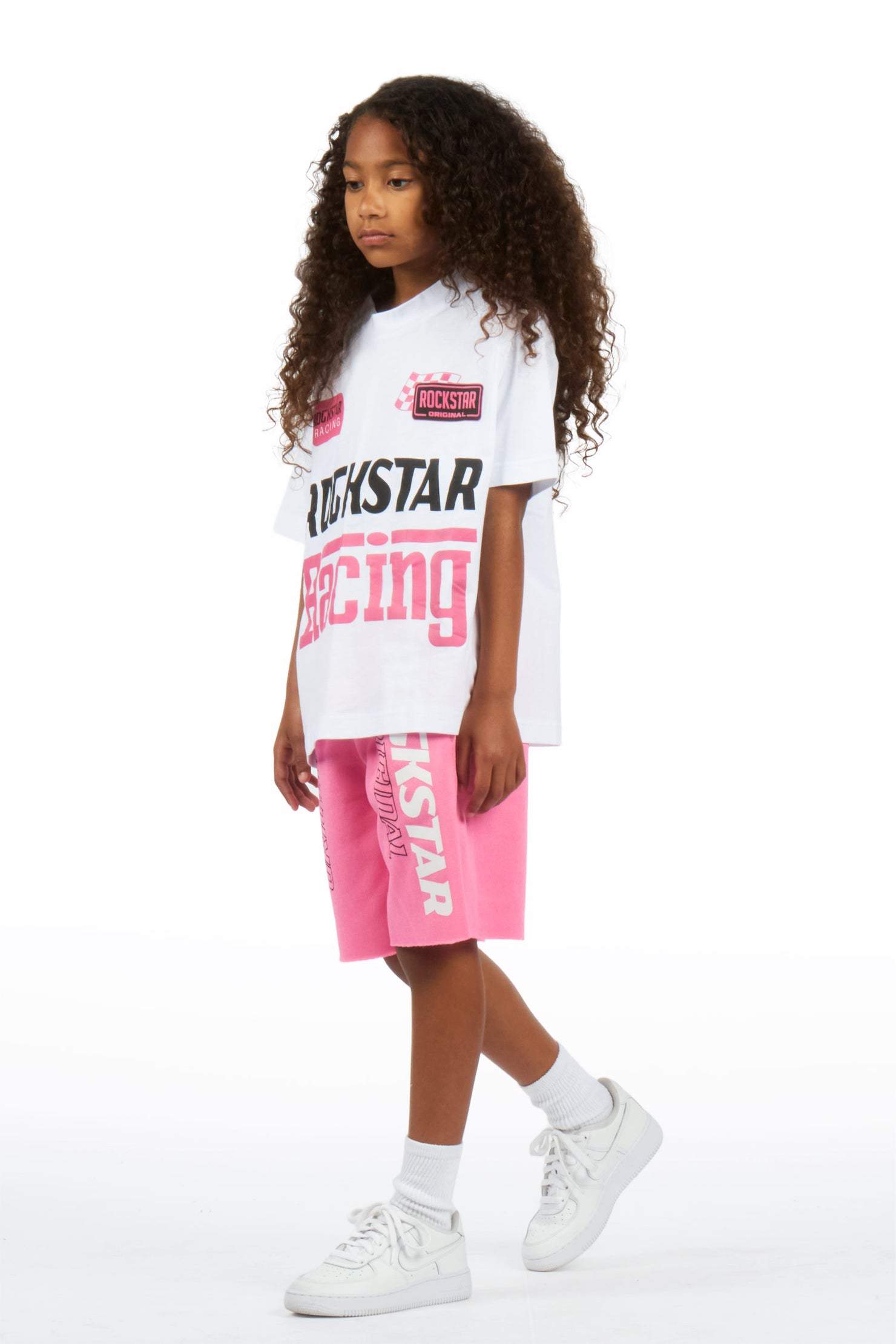 Girls Tarie White/Pink Oversized T-Shirt Short Set