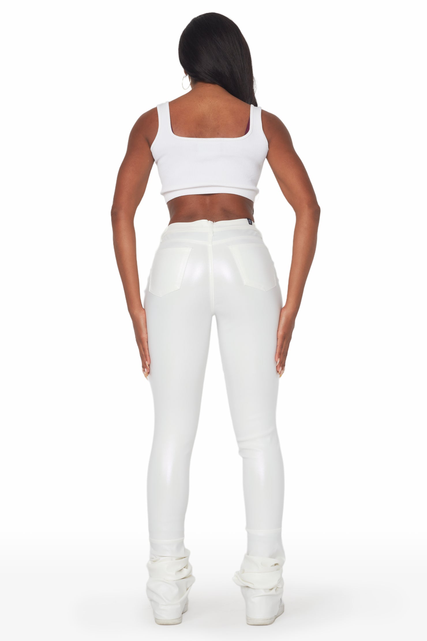 Zaniyah Metallic White PU Super Stacked Pant