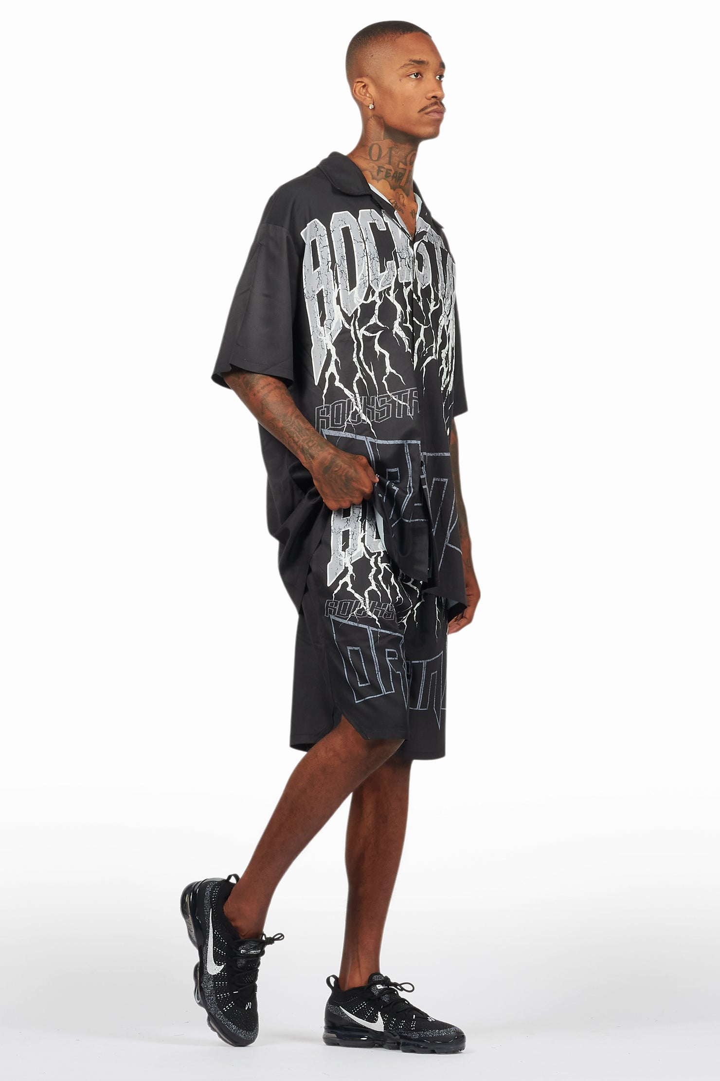 Hustle Black Button Down Short Set