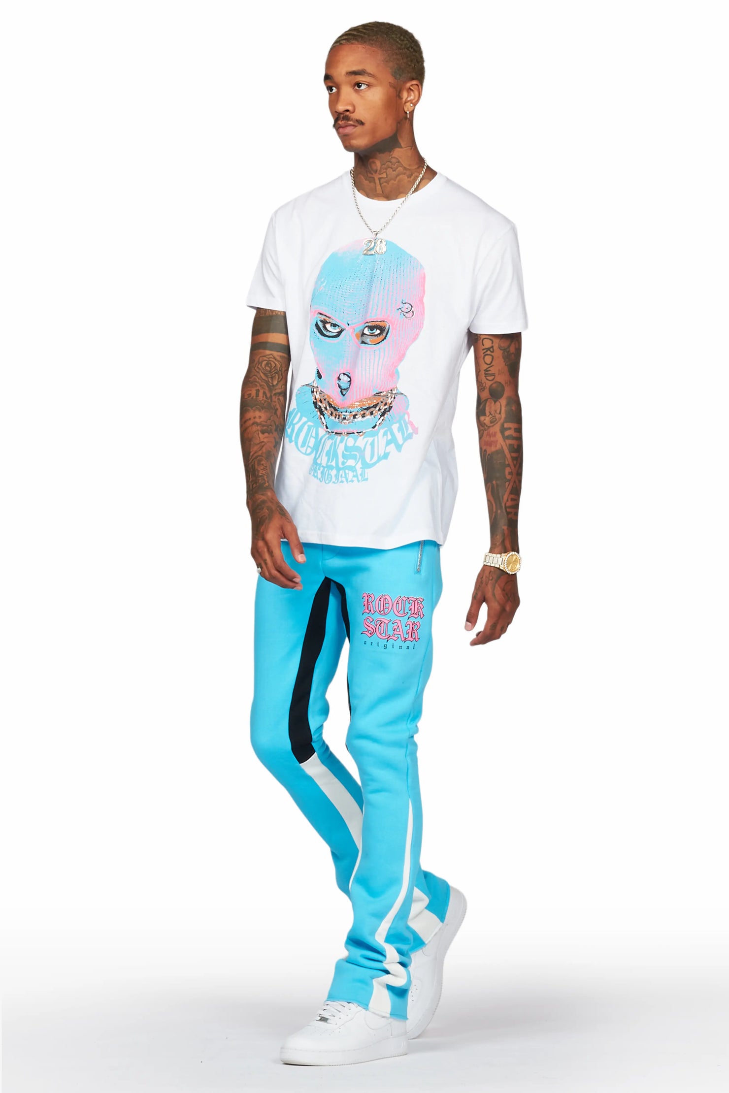 Murdra White/Blue T-Shirt/Stacked Flare Pant Set