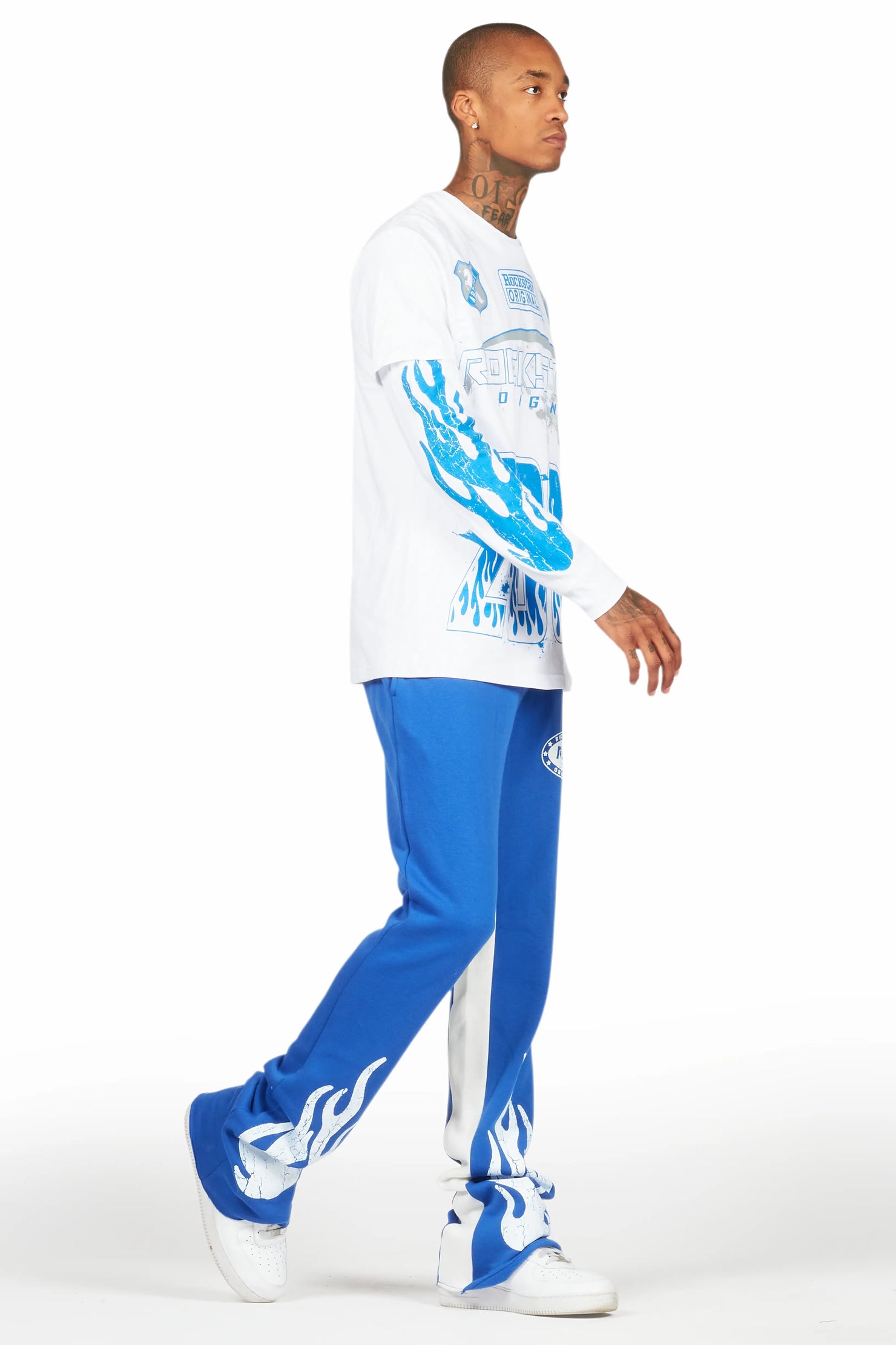 Amos White/Royal Double Layer T-Shirt/Stacked Baggy Pant Set