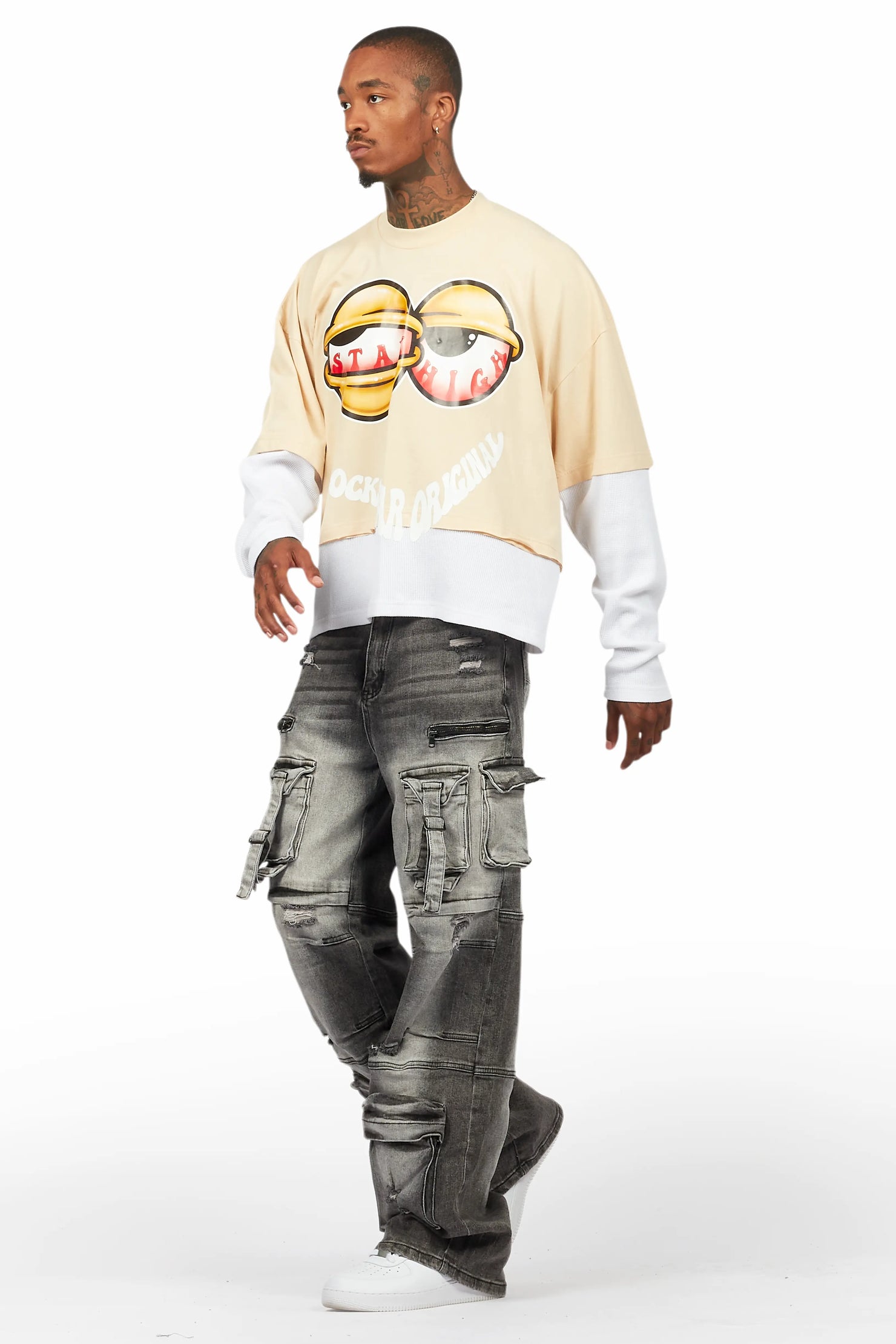 Highya Vintage Sand Thermal Double Layer Boxy Crop T-Shirt