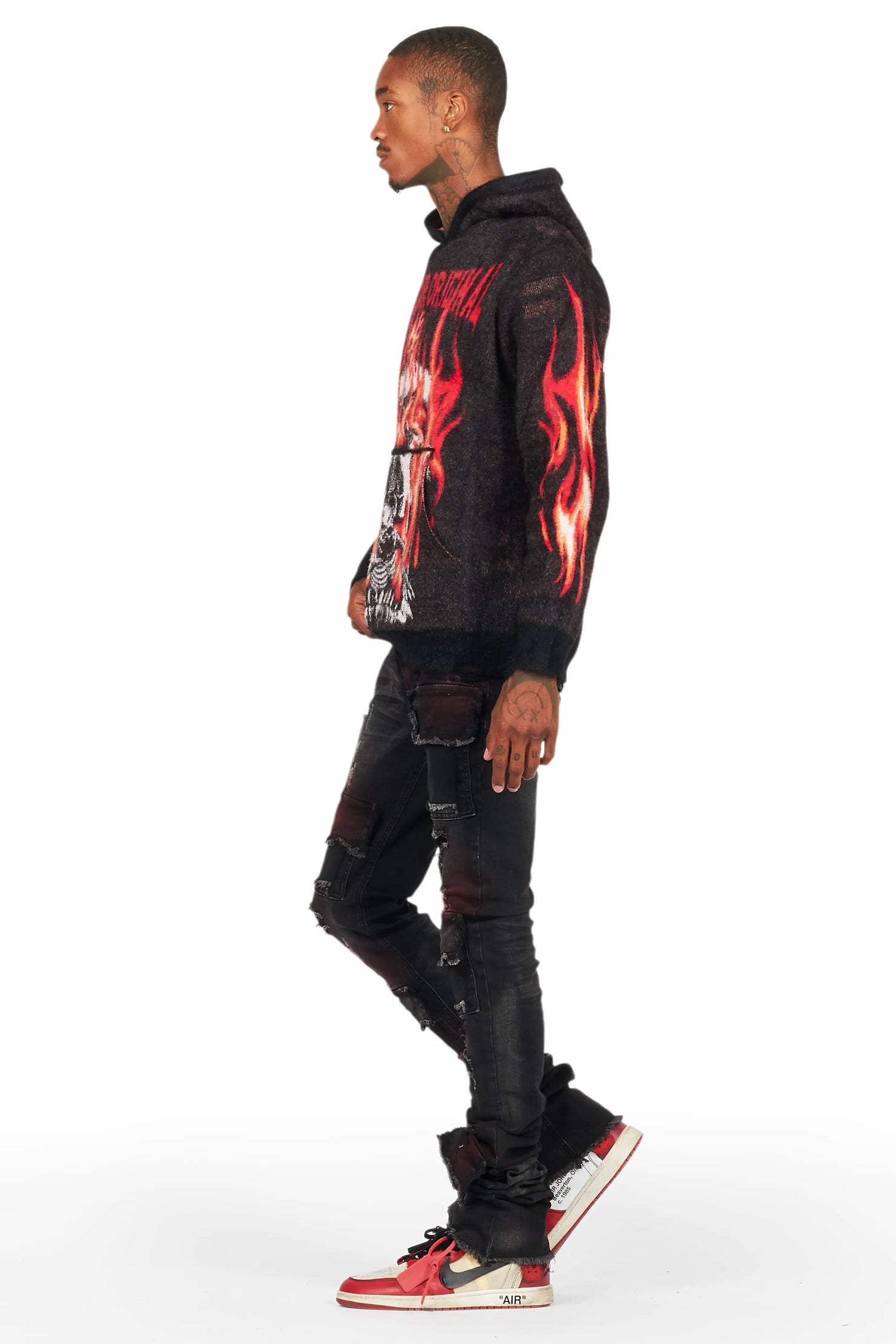 Fuka Black Knit Hoodie/Super Stacked Flare Jean Bundle