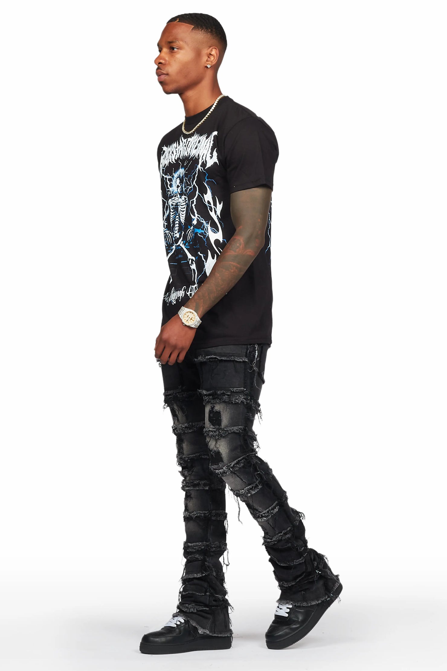 Deathrown Black T-Shirt & Josie Stacked Flare Jean