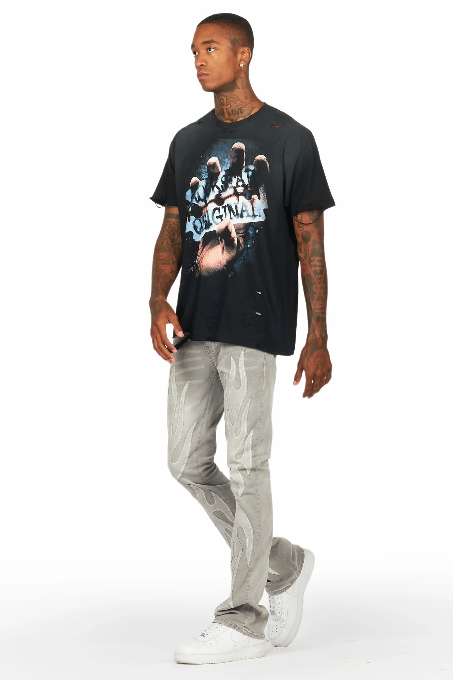 Ebbos Grey Flame Patched Skinny Flare Jean