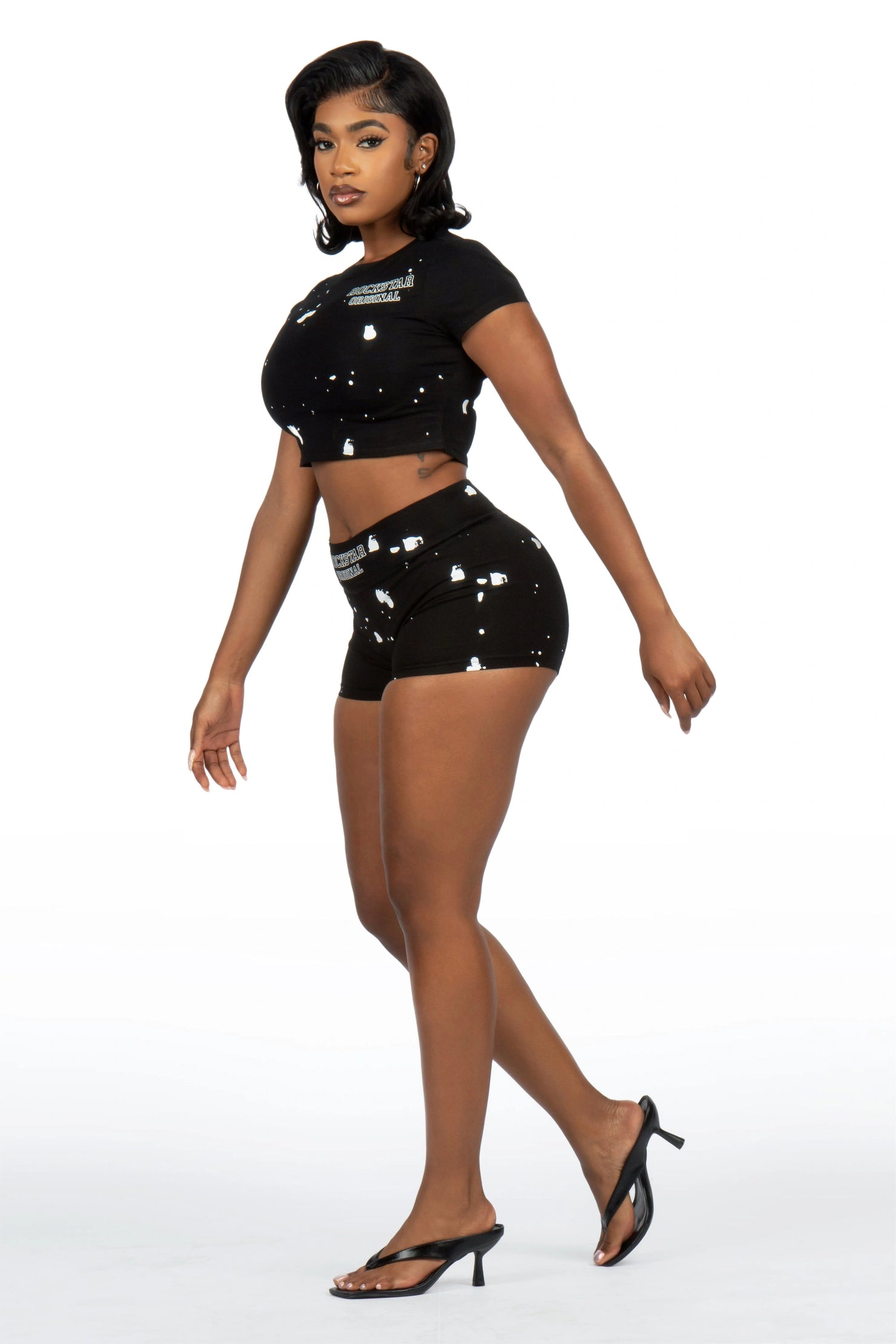 Alliesha Black Painted Baby Tee Hot Short Set