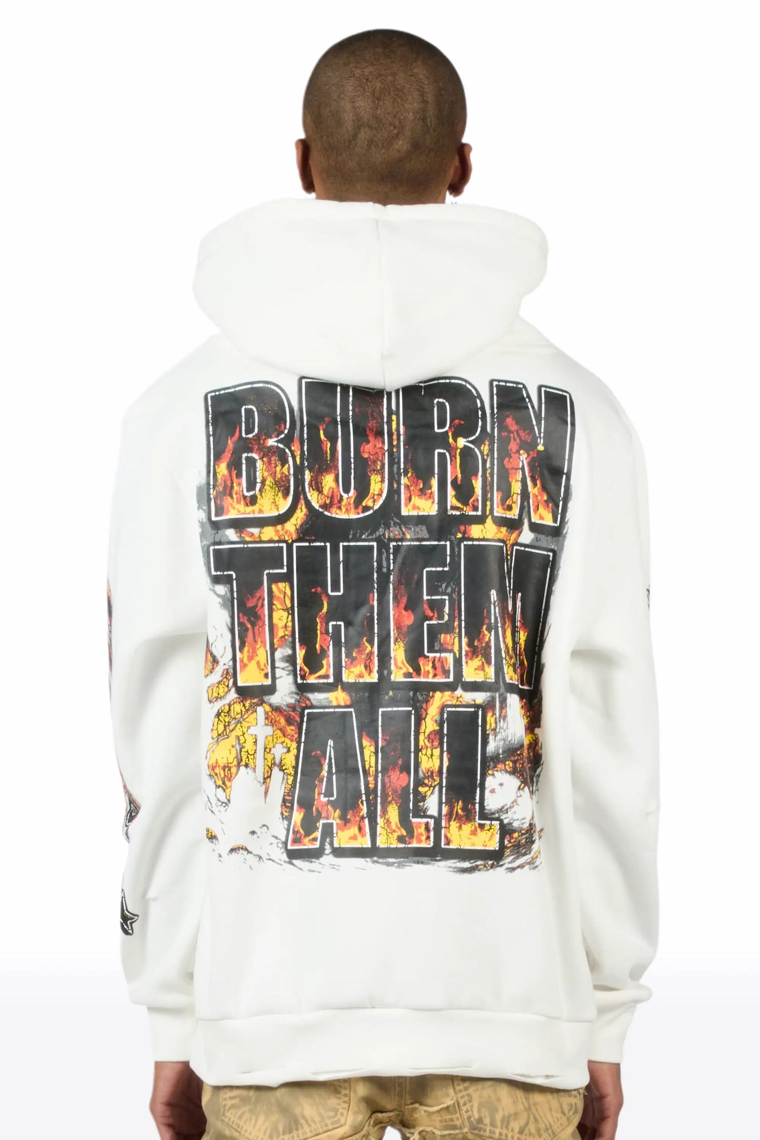 Flamer White Distressed Graphic Relaxed Hoodie