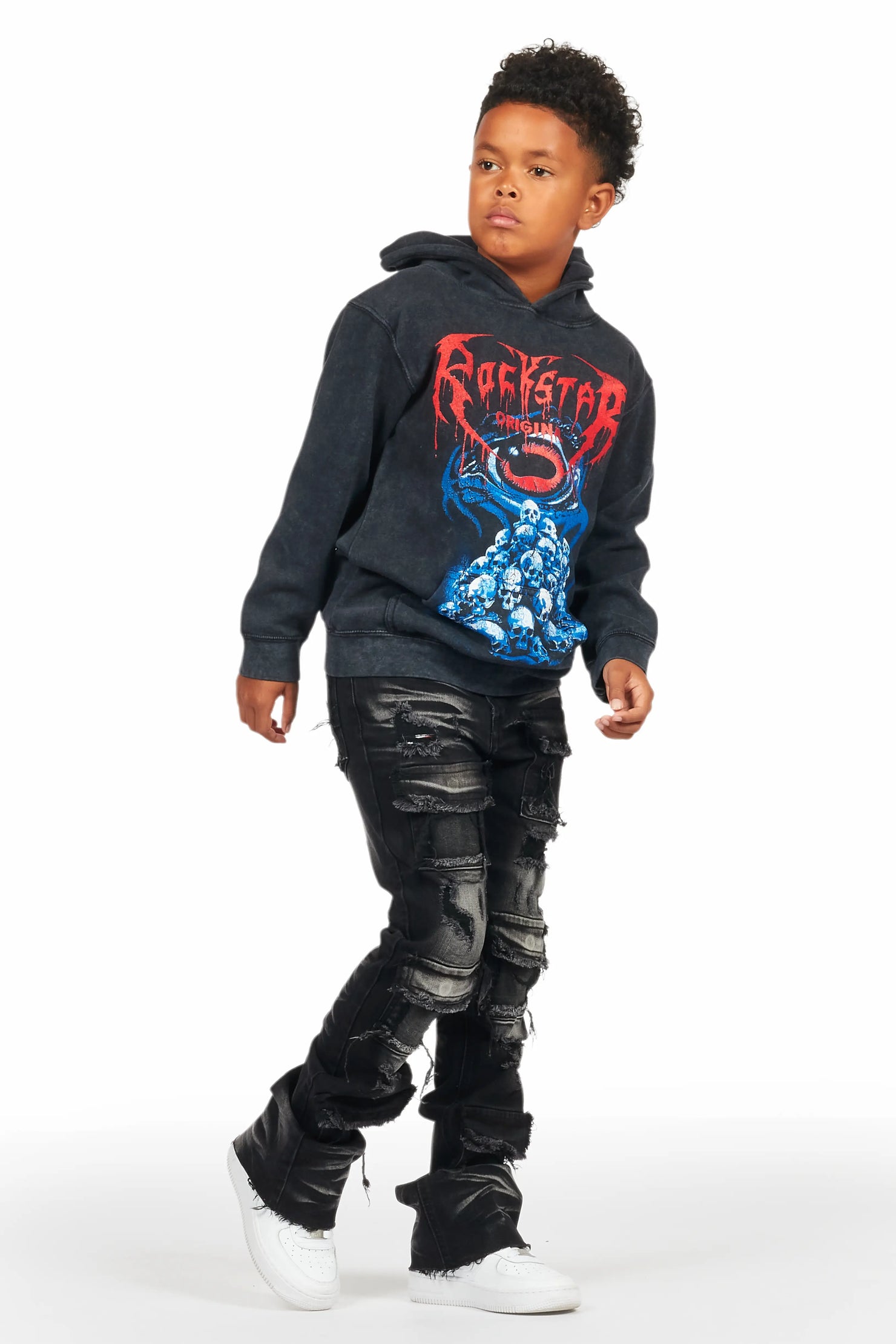 Boys Vicious Vintage Black Hoodie/Stacked Flare Jean Set