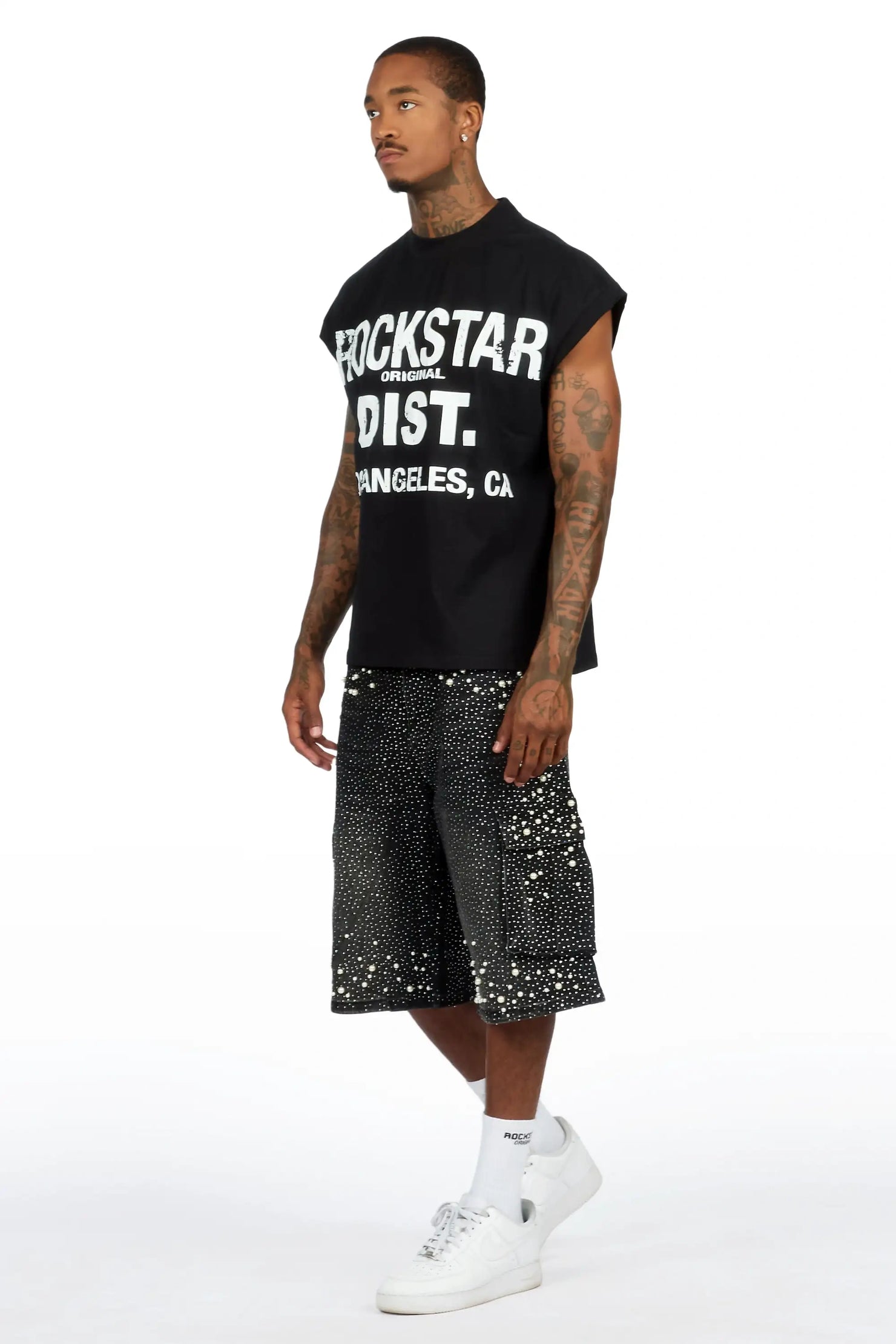 Sevyn Black/Black Rhinestone Cut Sleeve T-Shirt Denim Short Set