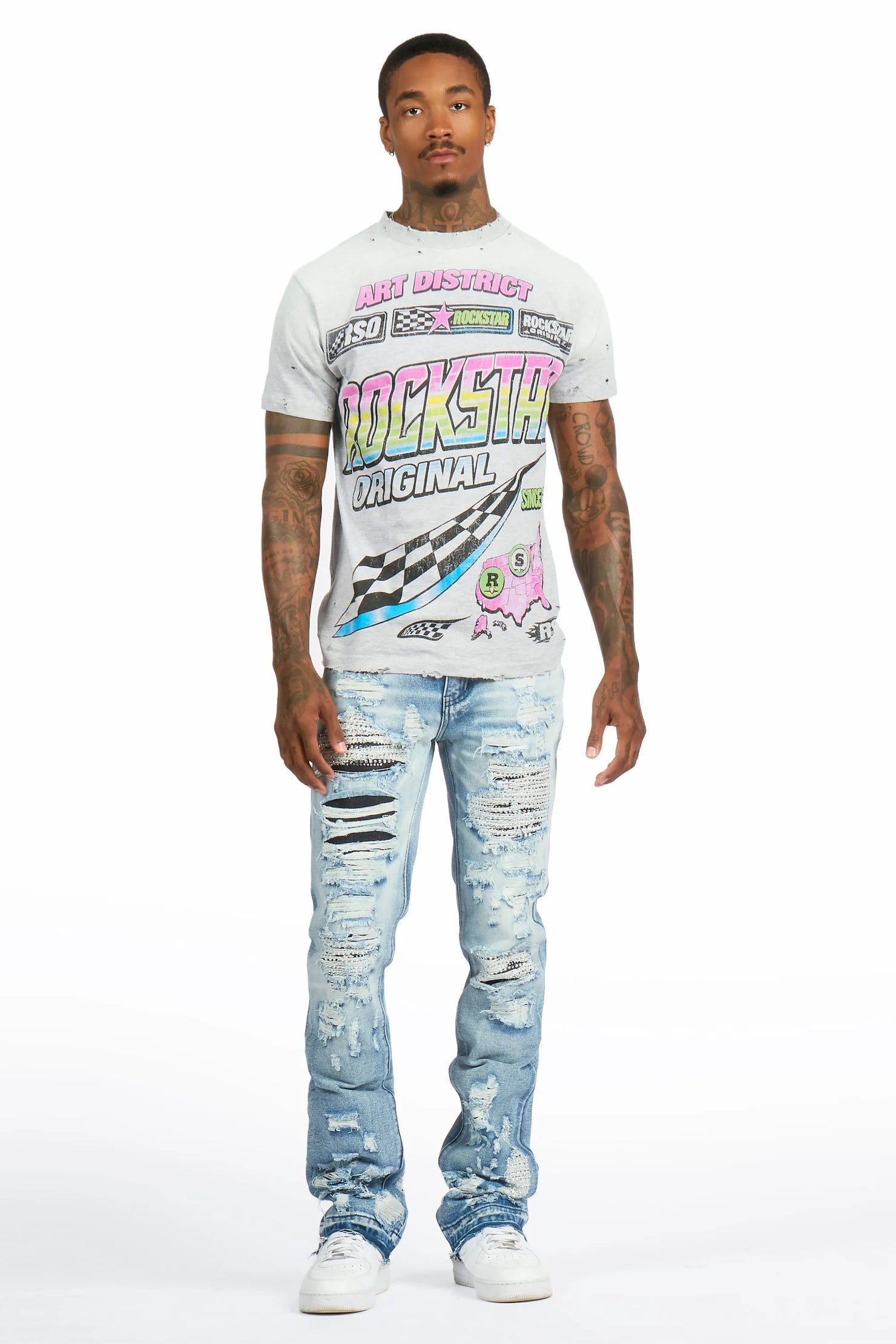 Mathey Light Blue Rhinestone Stacked Fit Jean