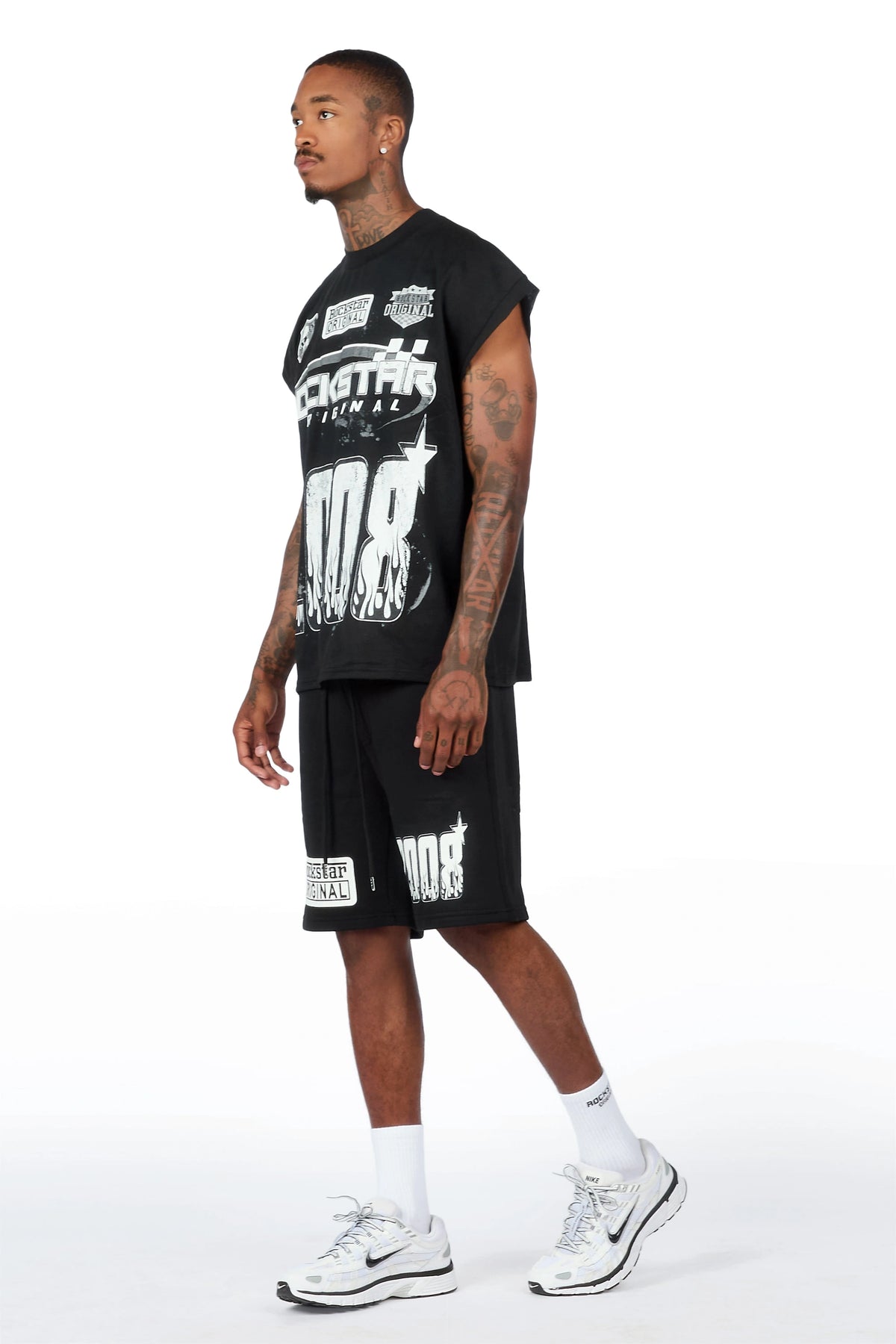 Amos Black/White Graphic Cut Sleeve T-Shirt Short Set