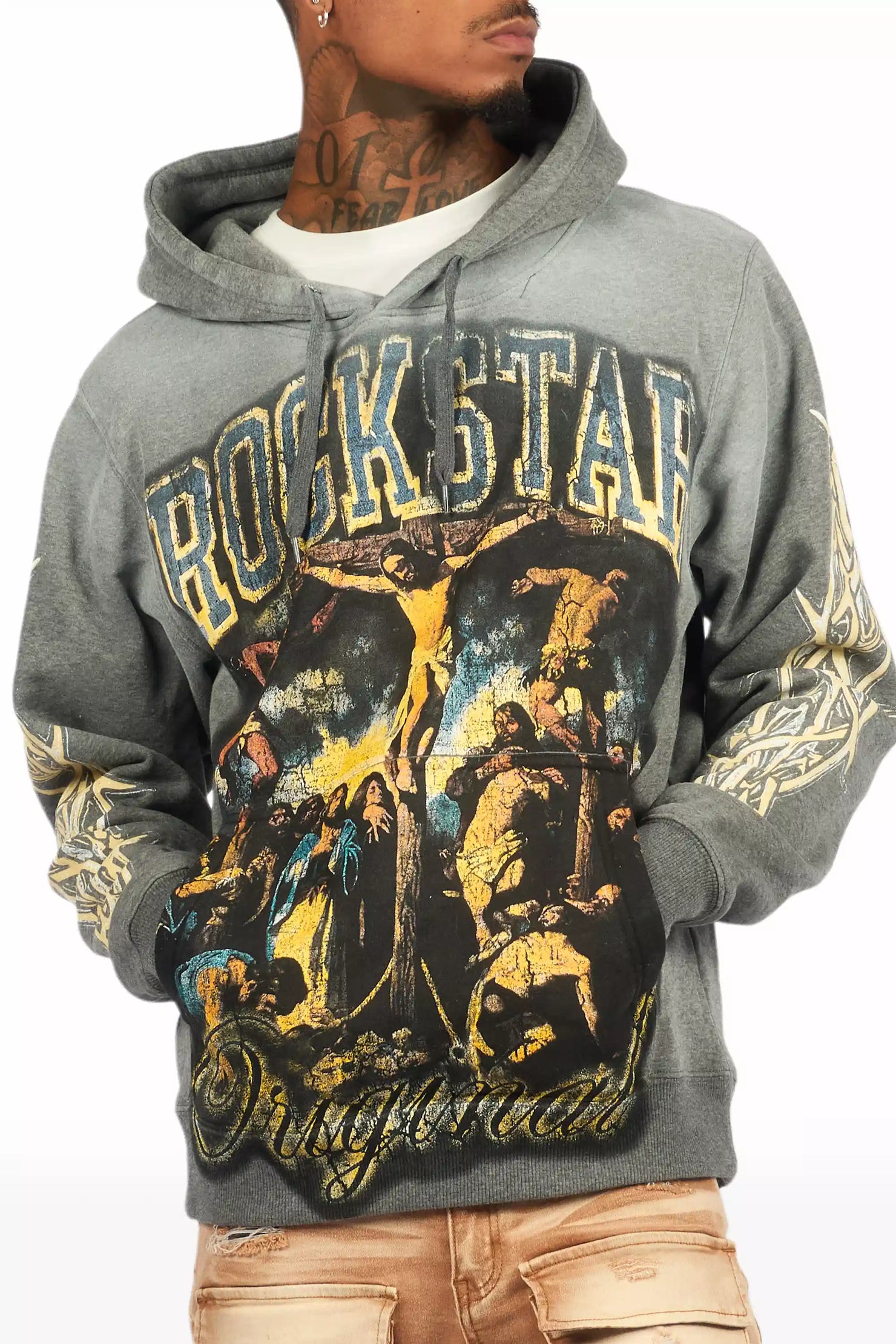 Waller Heather Grey Graphic Distressed Hoodie