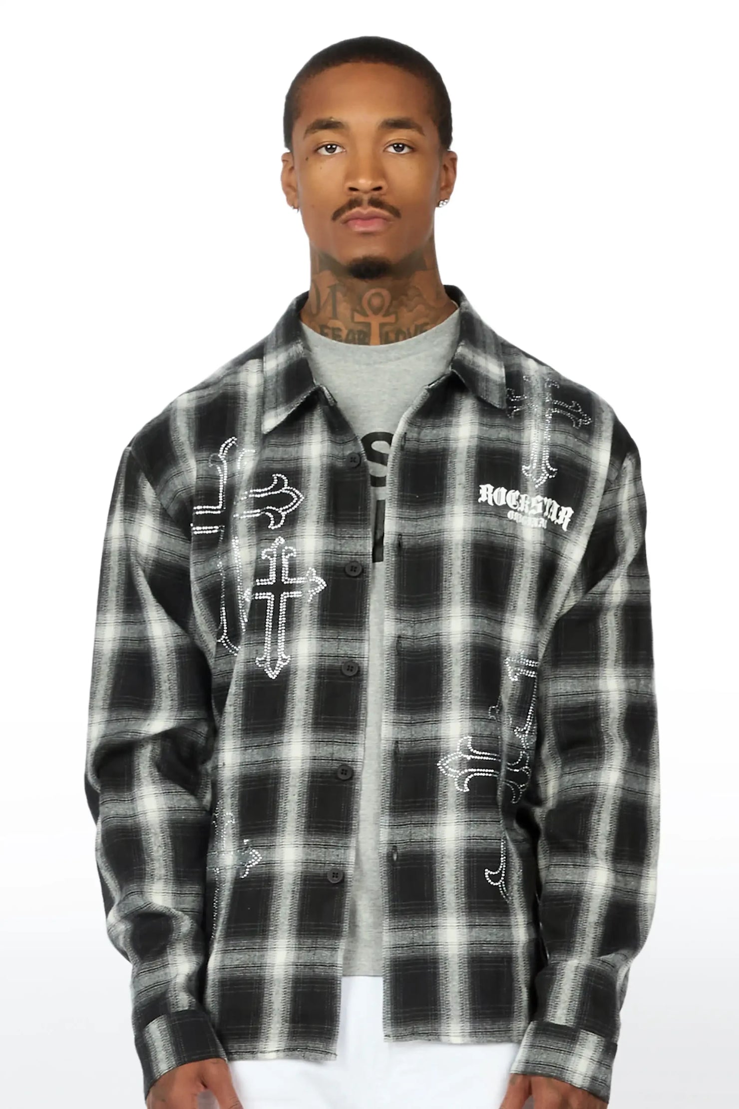 Poldi Black Rhinestone Flannel Long Sleeve Shirt
