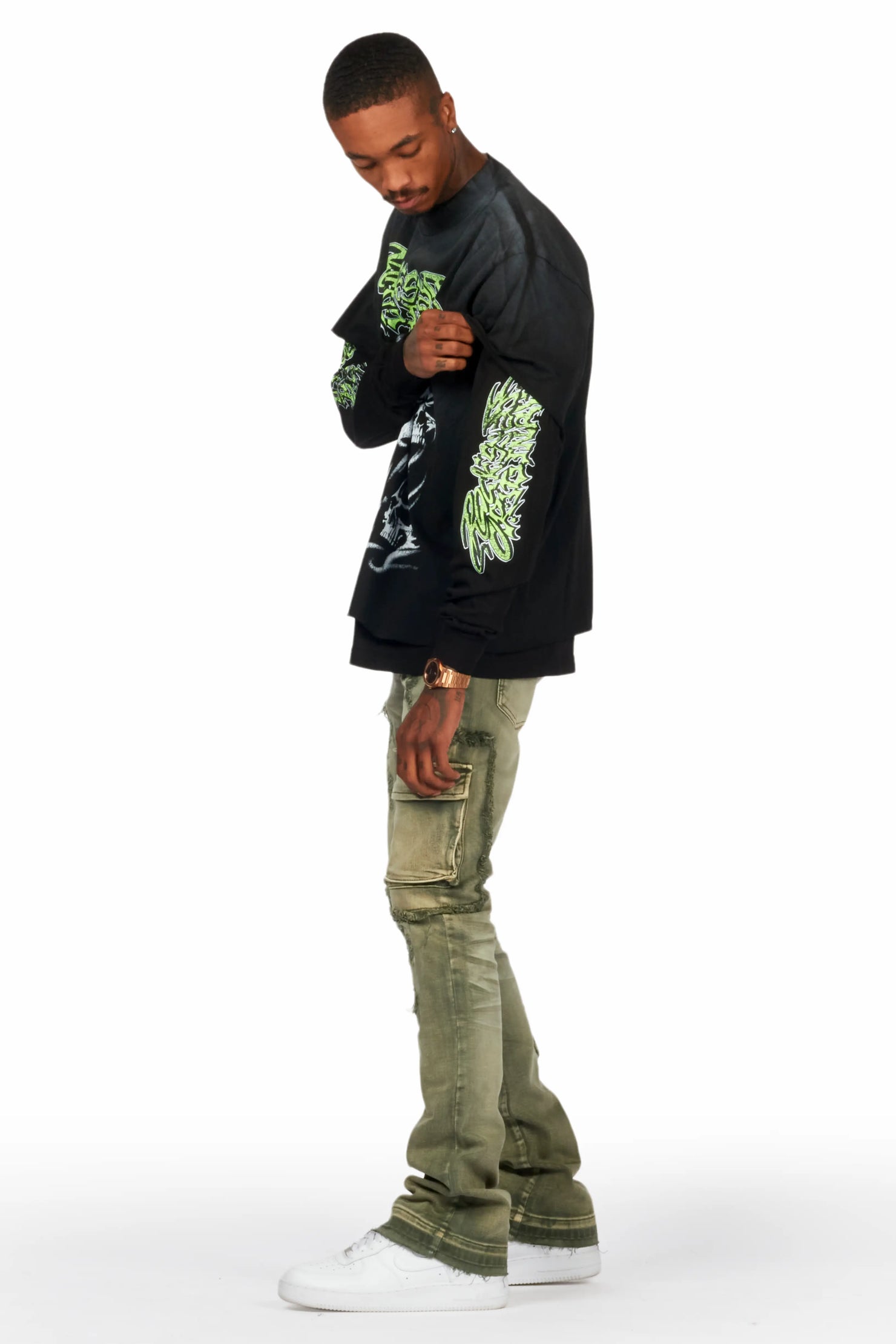 Zaxton Green Stacked Flare Jean