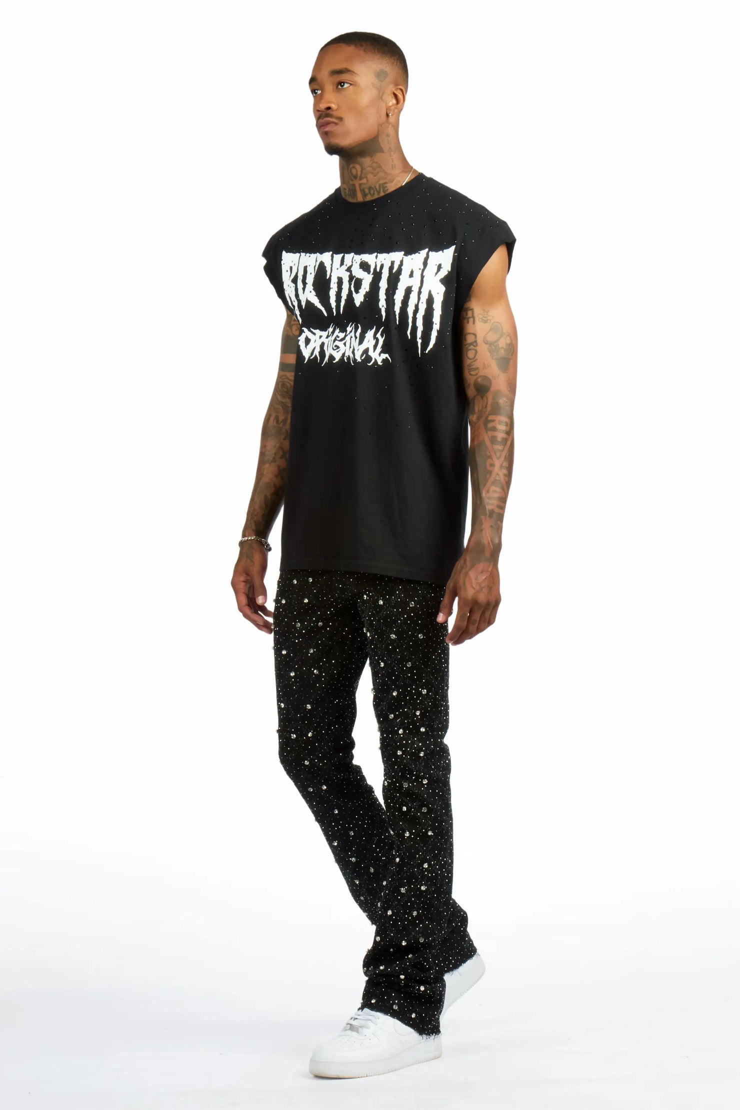 Andros 2.0 Black Rhinestone Oversized Graphic T-Shirt & Glit Rhinestone Stacked Flare Jean Set