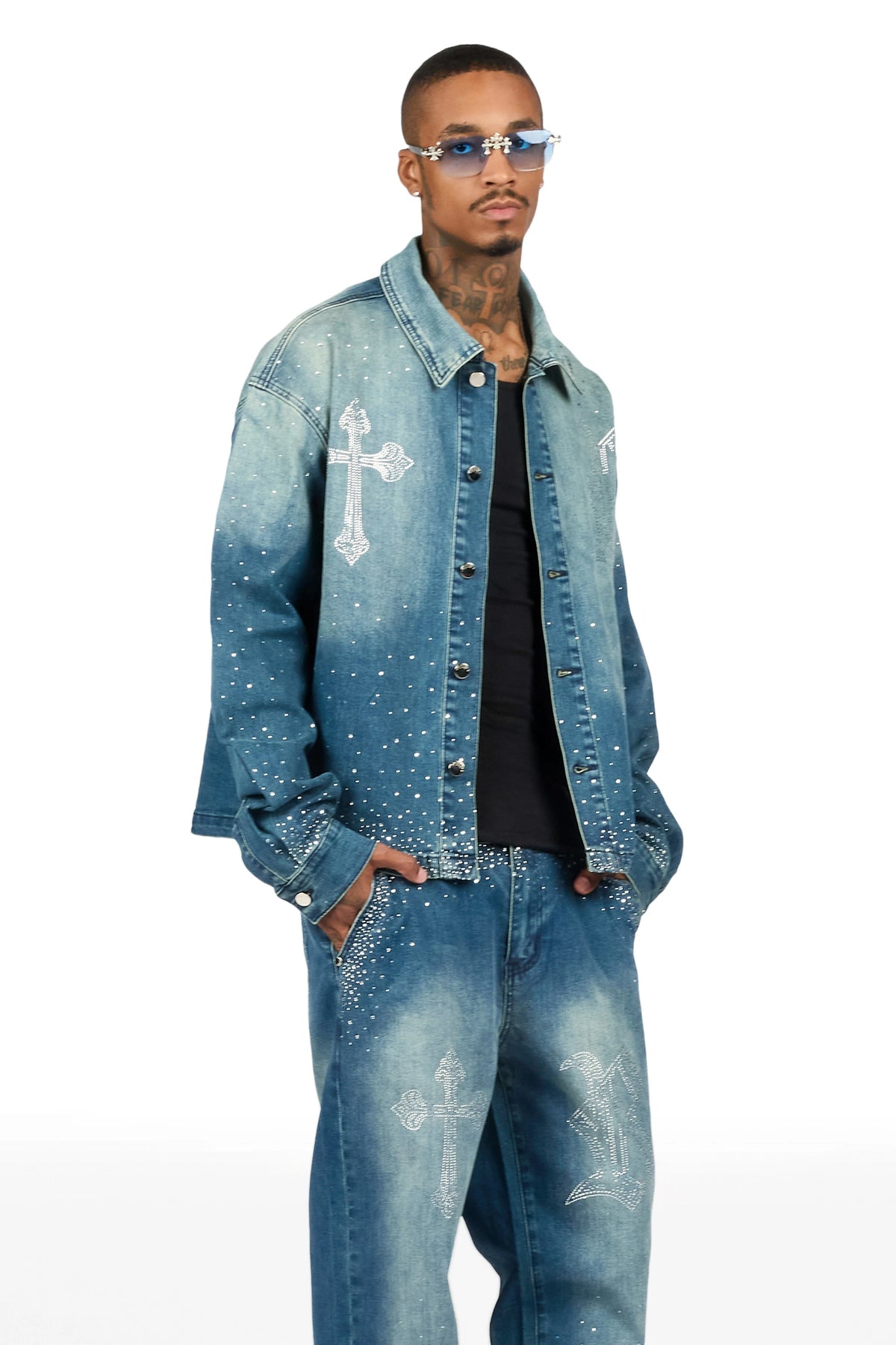 Clemente Blue Rhinestone Button Down Shirt/Jean Set