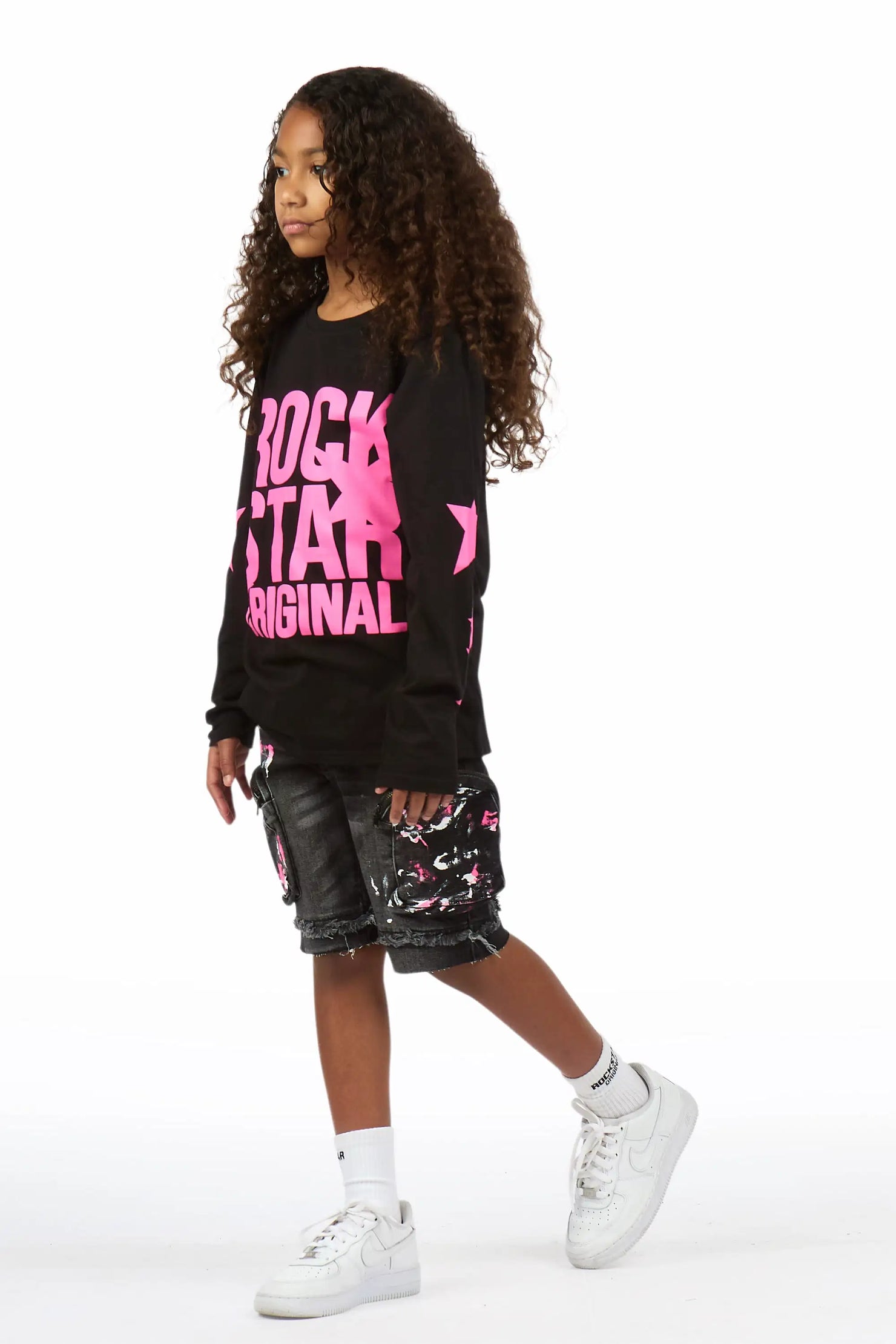 Girls Sechora Black/Dark Grey Long Sleeve T-Shirt Denim Short Set