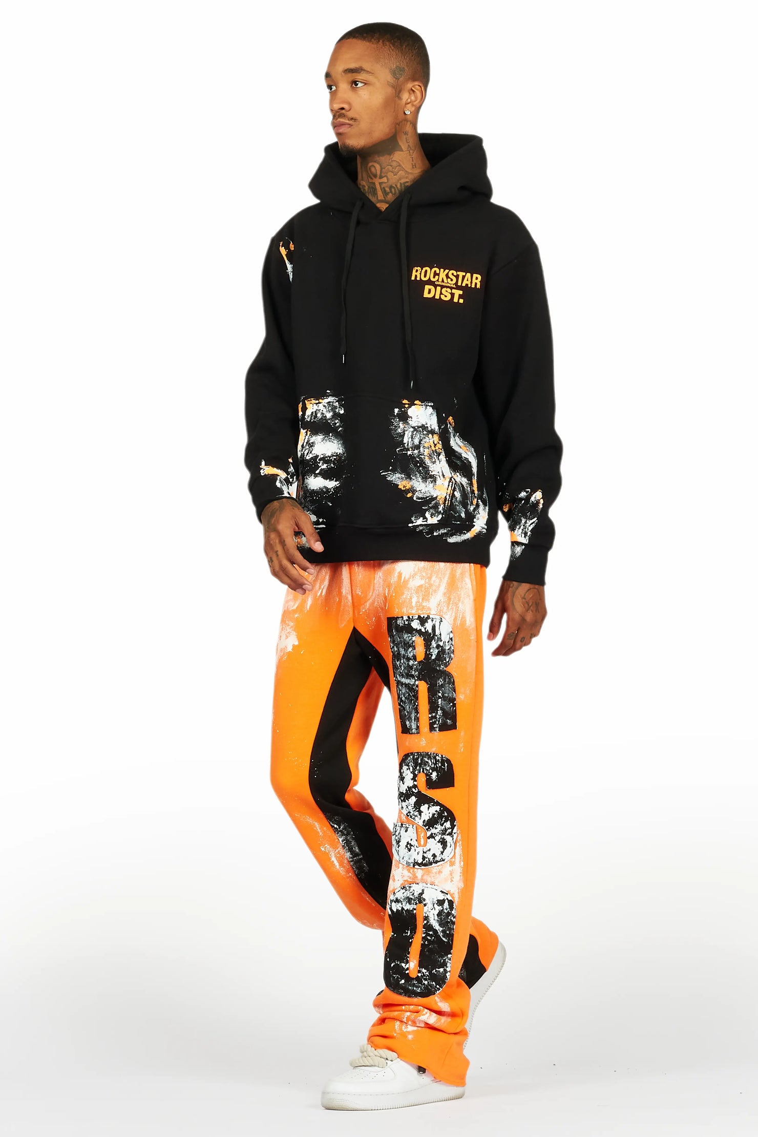 Folly Black/Orange Hoodie/Baggy Stacked Flare Pant Set