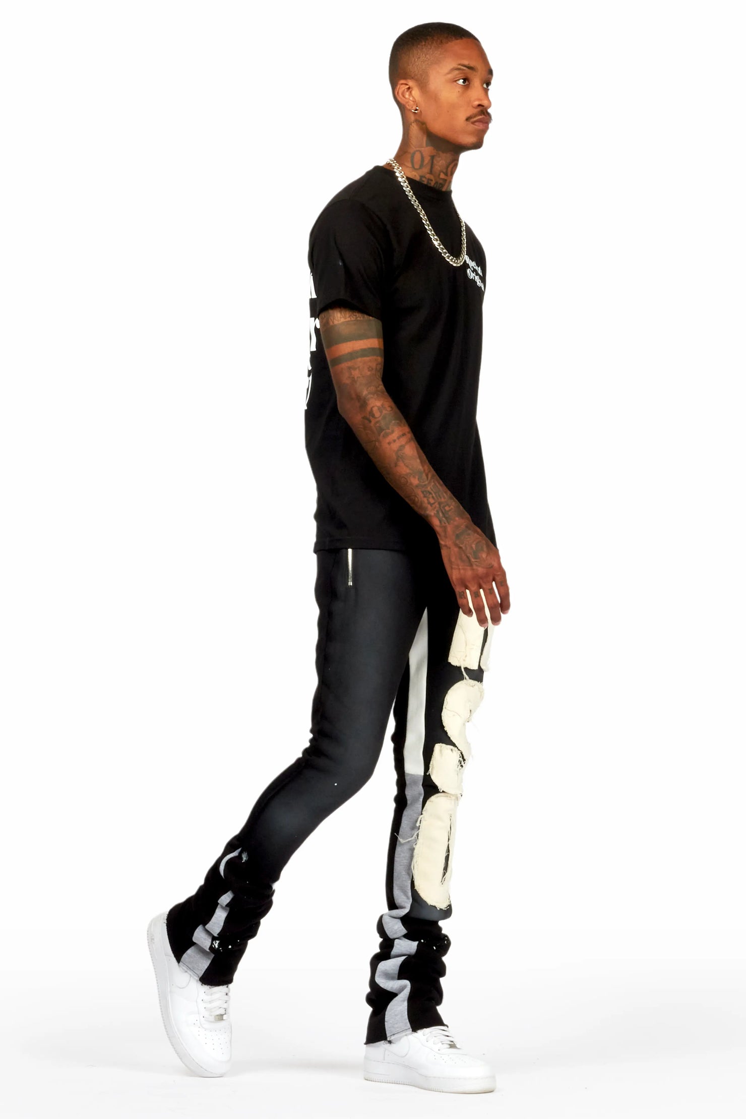 Acotas Black/Beige Patchwork Super Stacked Flare Pants