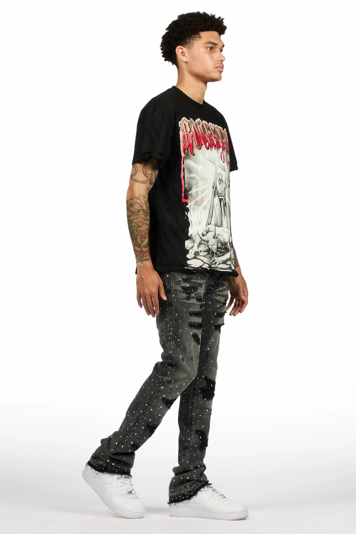 Stunt Dark Grey Rhinestone Stacked Flare Jean