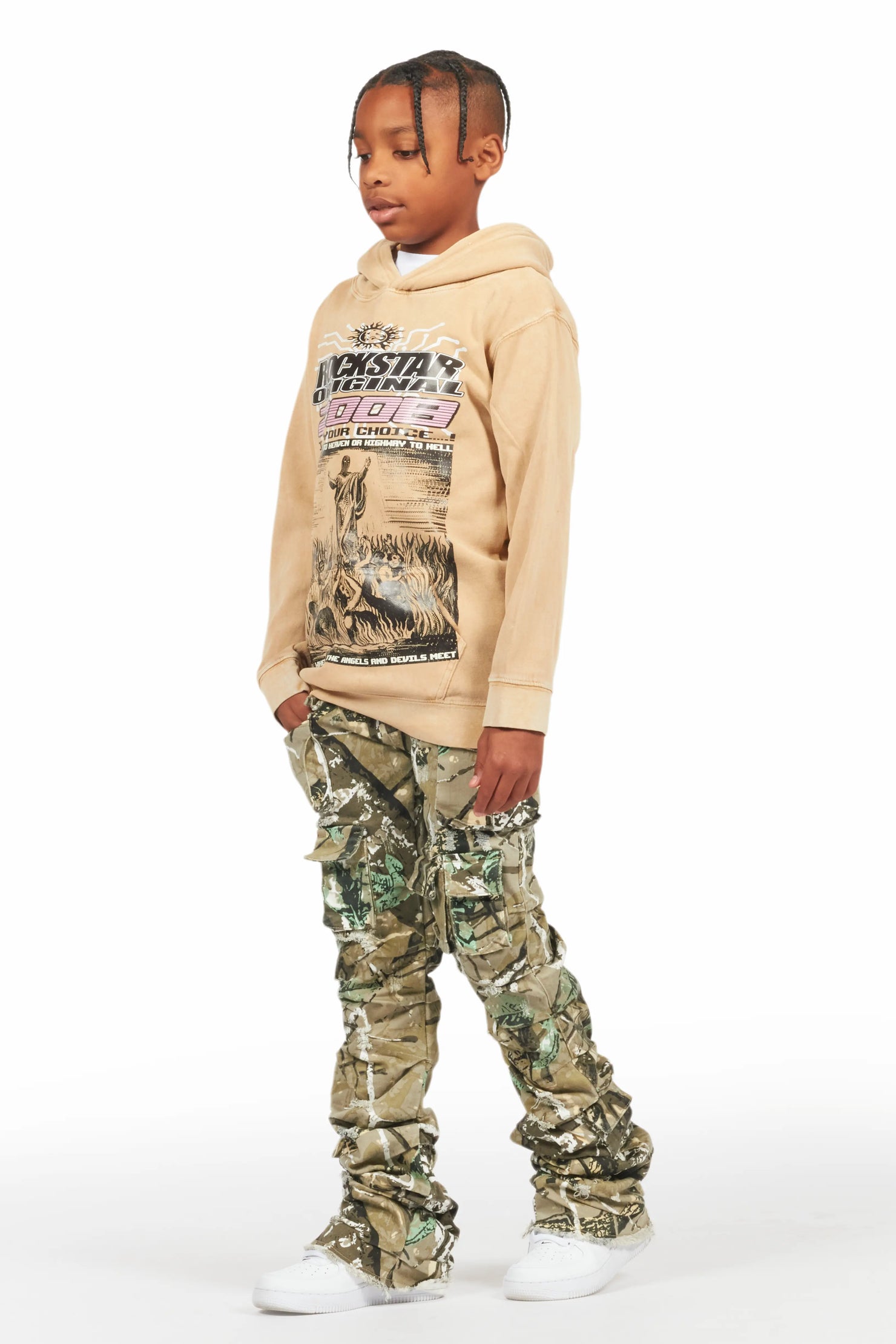 Boys Luxton Vintage Beige/Tree Camo Hoodie/Stacked Flare Jean Set