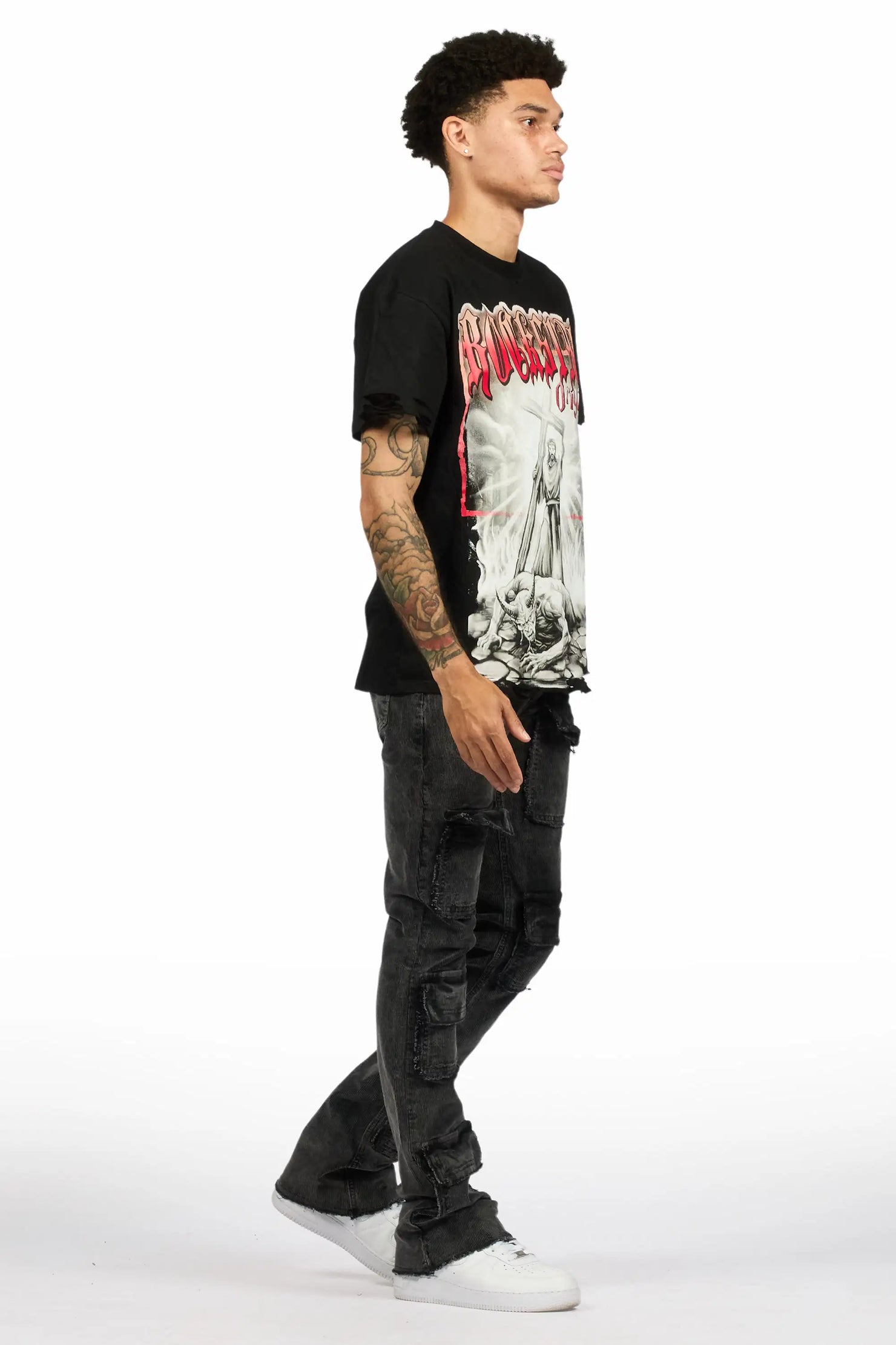 Petrus Grey Stacked Flare Corduroy Pant