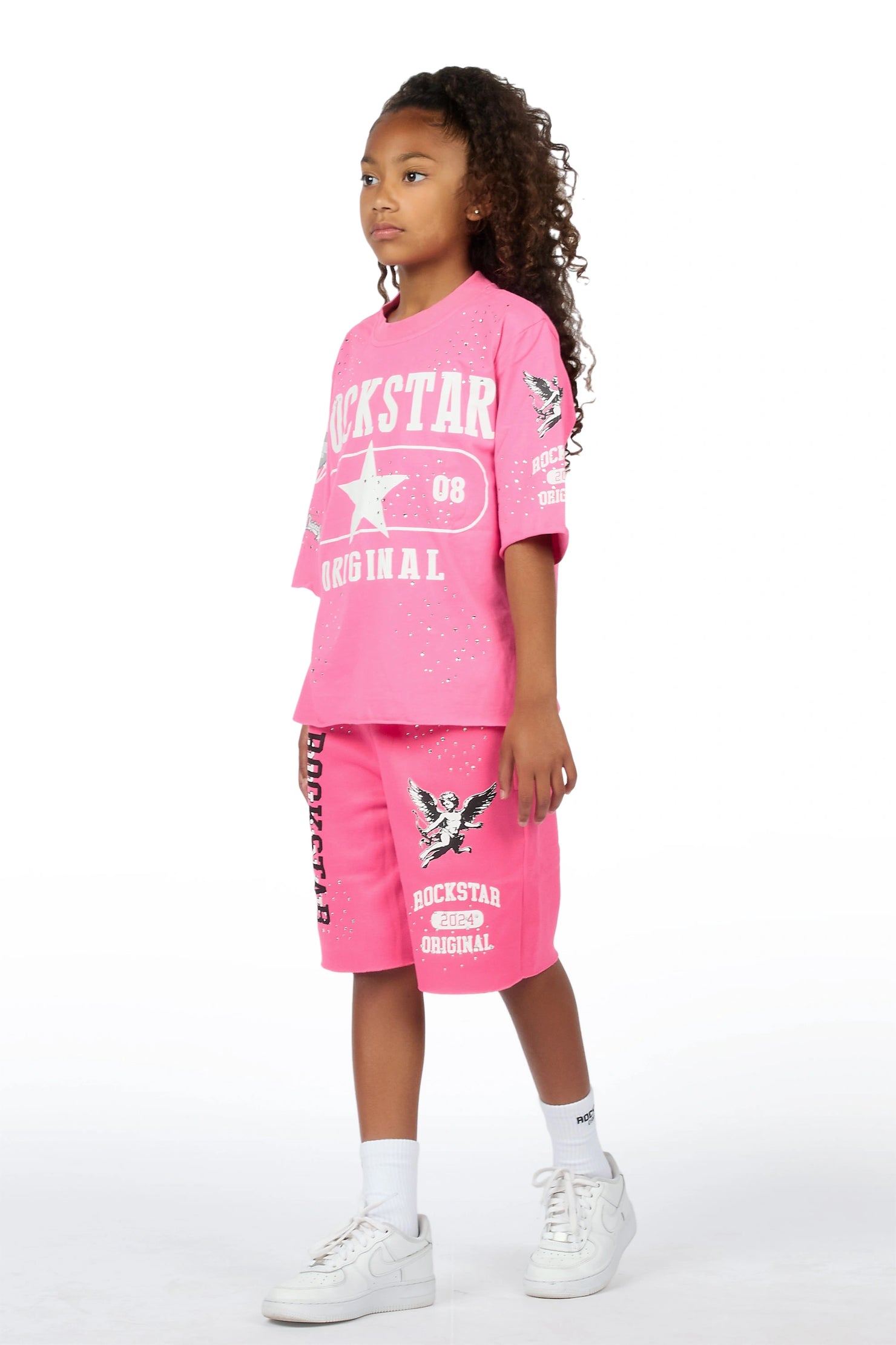 Girls Kyesha Hot Pink Rhinestone Boxy T-Shirt Short Set