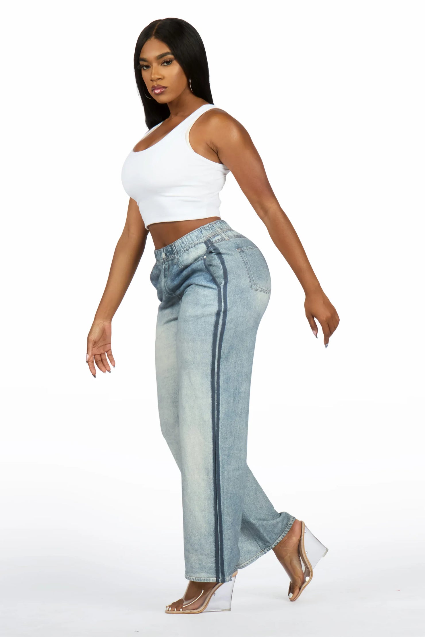 Yonis Light Wash Denim Print Stretch Terry Sweatpant Jean