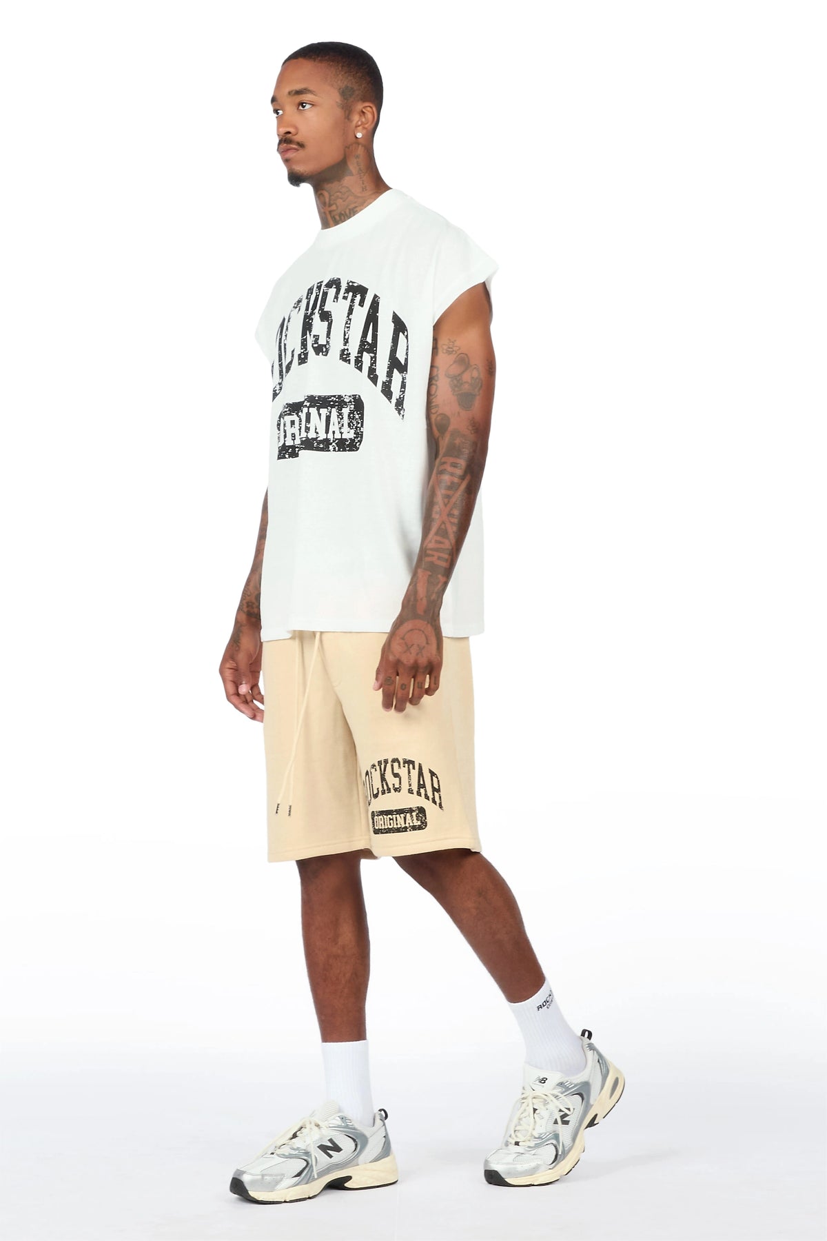 Zig White/Beige Cut Sleeve T-Shirt/Short Set