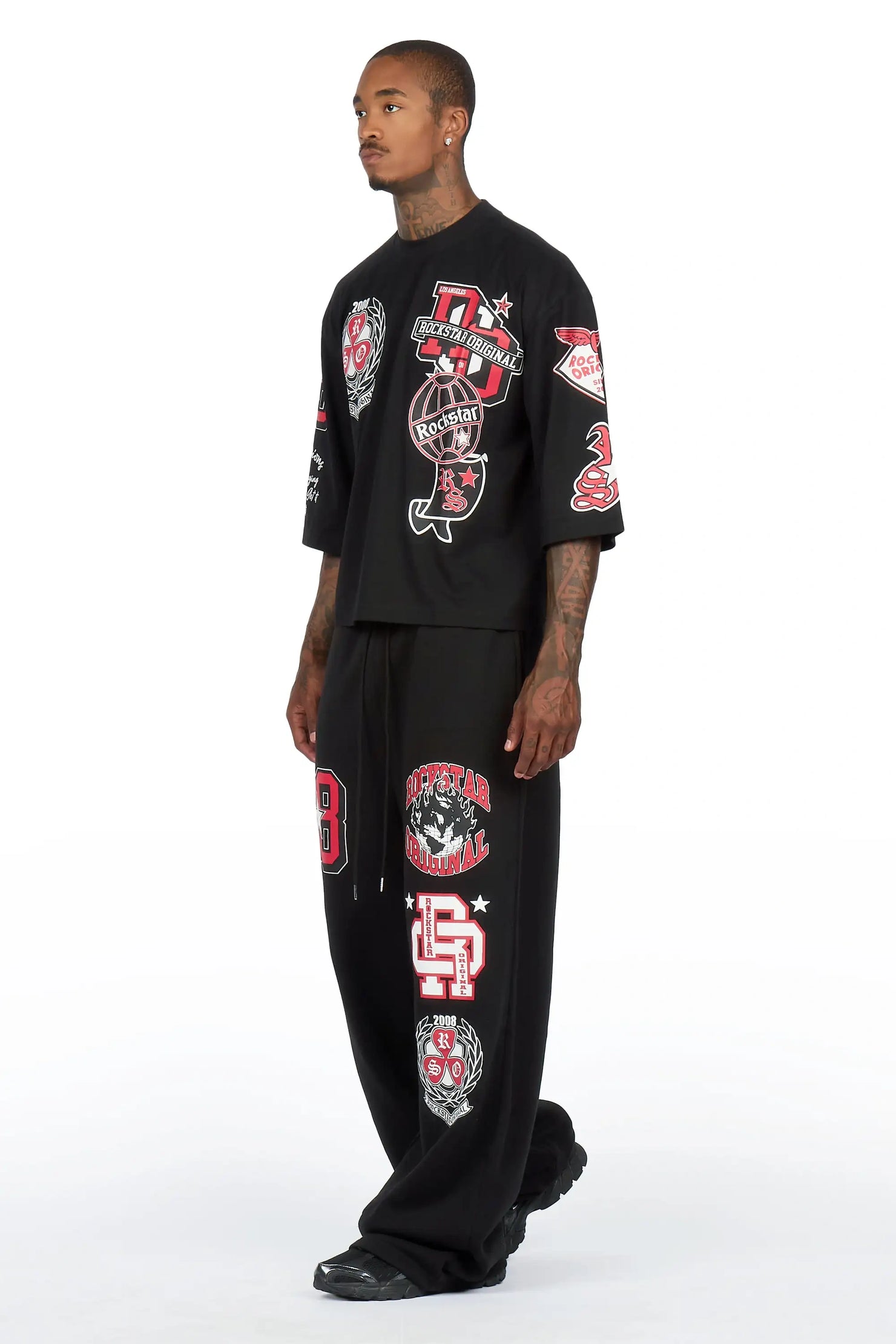 Gallant Black 3/4 Crop Boxy Tee/ Fleece Baggy Pant Track Set