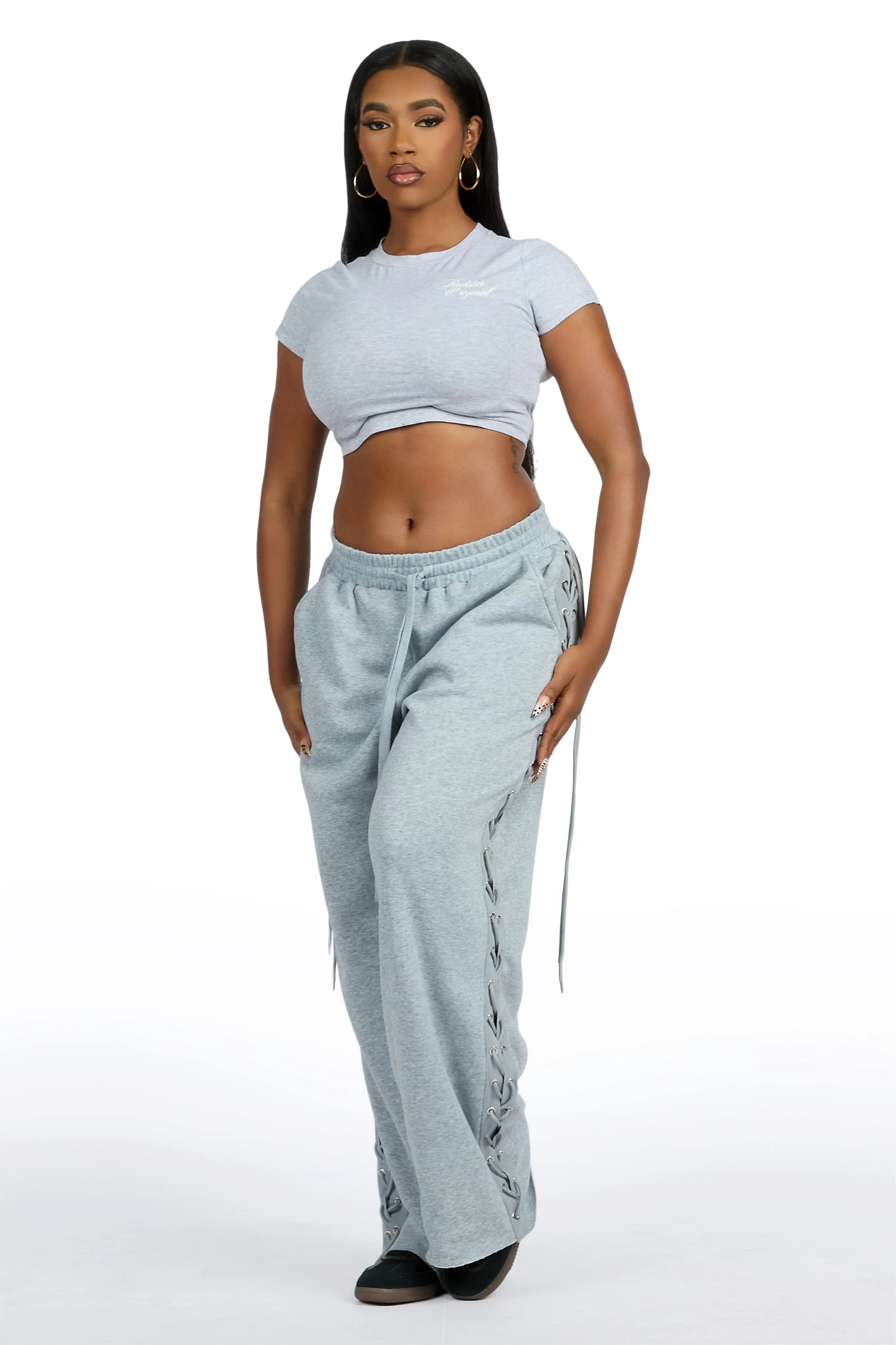 Desire Grey Lace Up  Crop T-Shirt Baggy Track Set