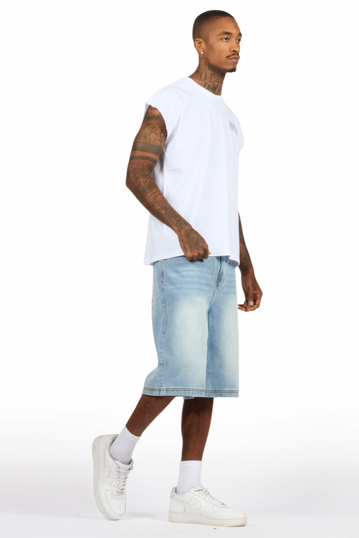 Dayte Nite White Muscle Tee/Denim Jort Set