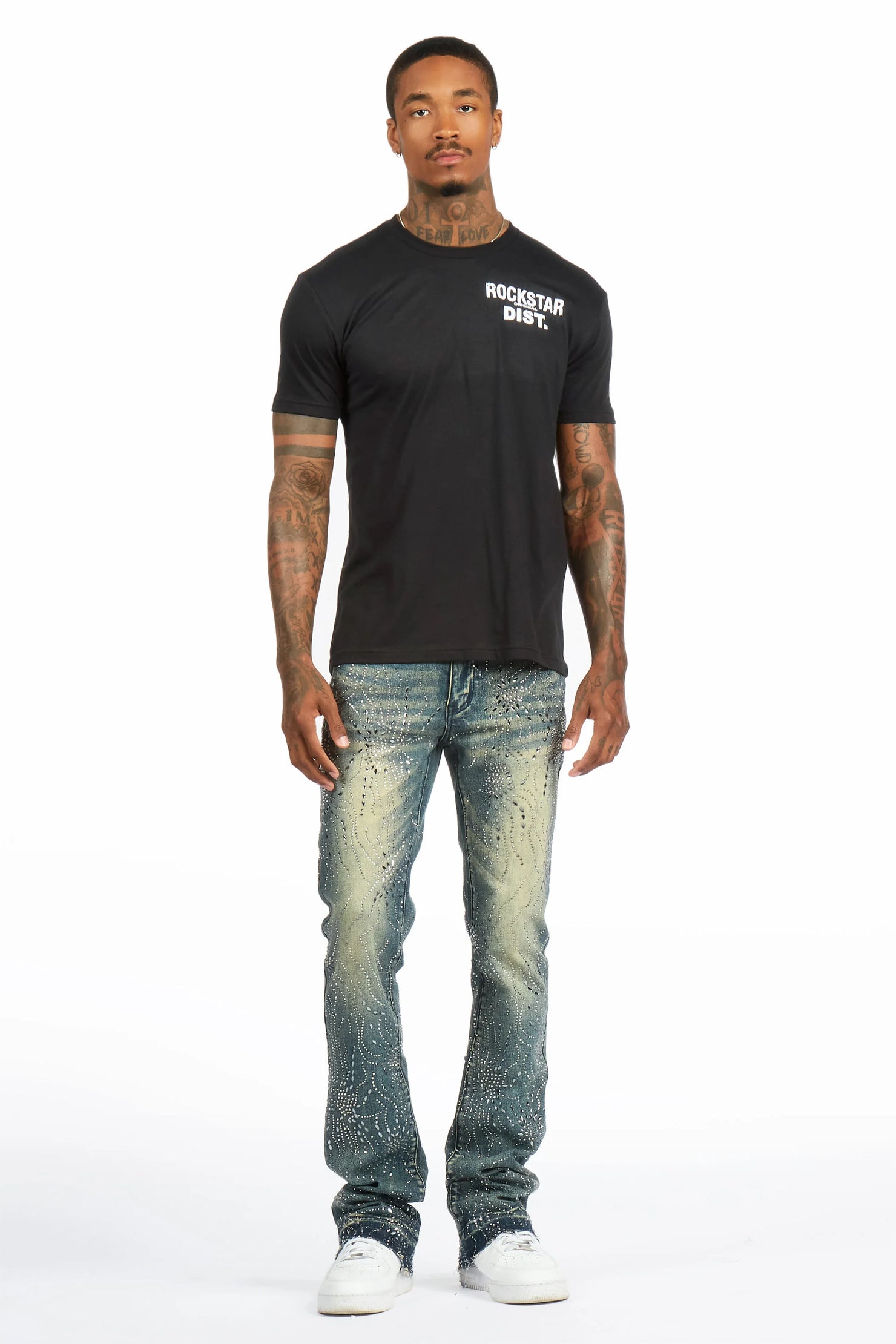 Izai Dark Blue Rhinestone Stacked Fit Jean