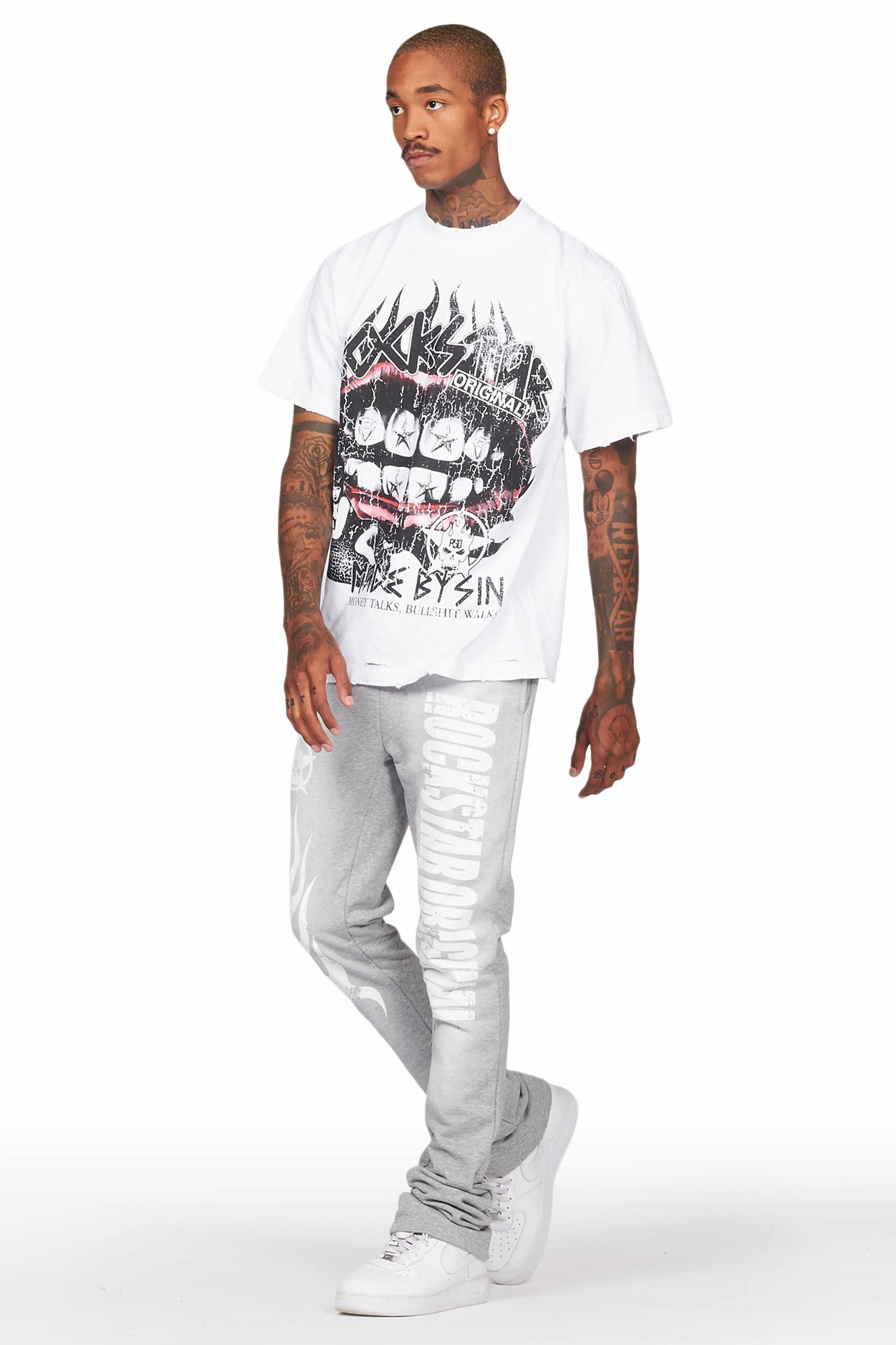 Vadim White/Grey Oversize T-Shirt/Stacked Flare Track Set