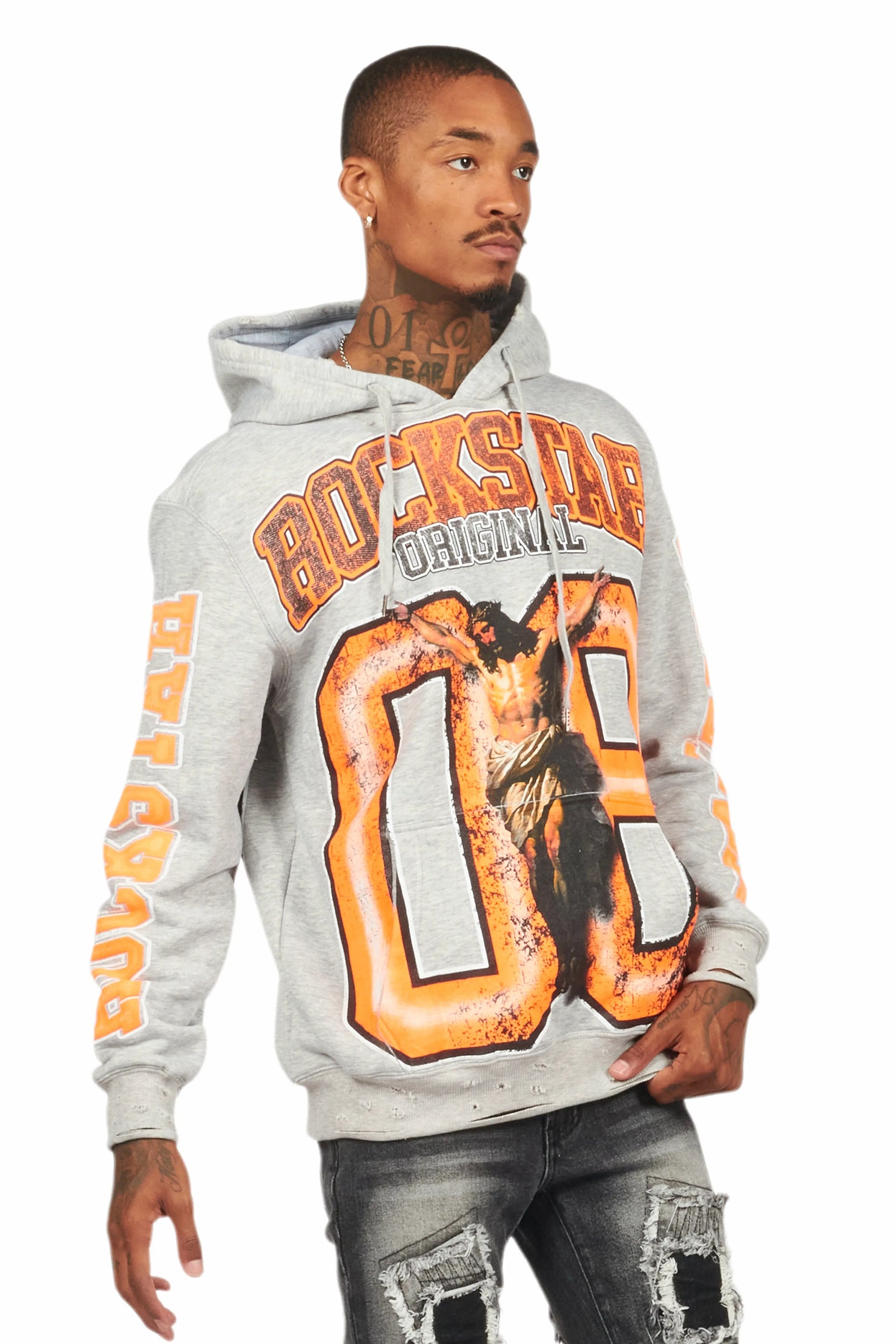 Fields Grey/Orange Distressed Graphic Hoodie