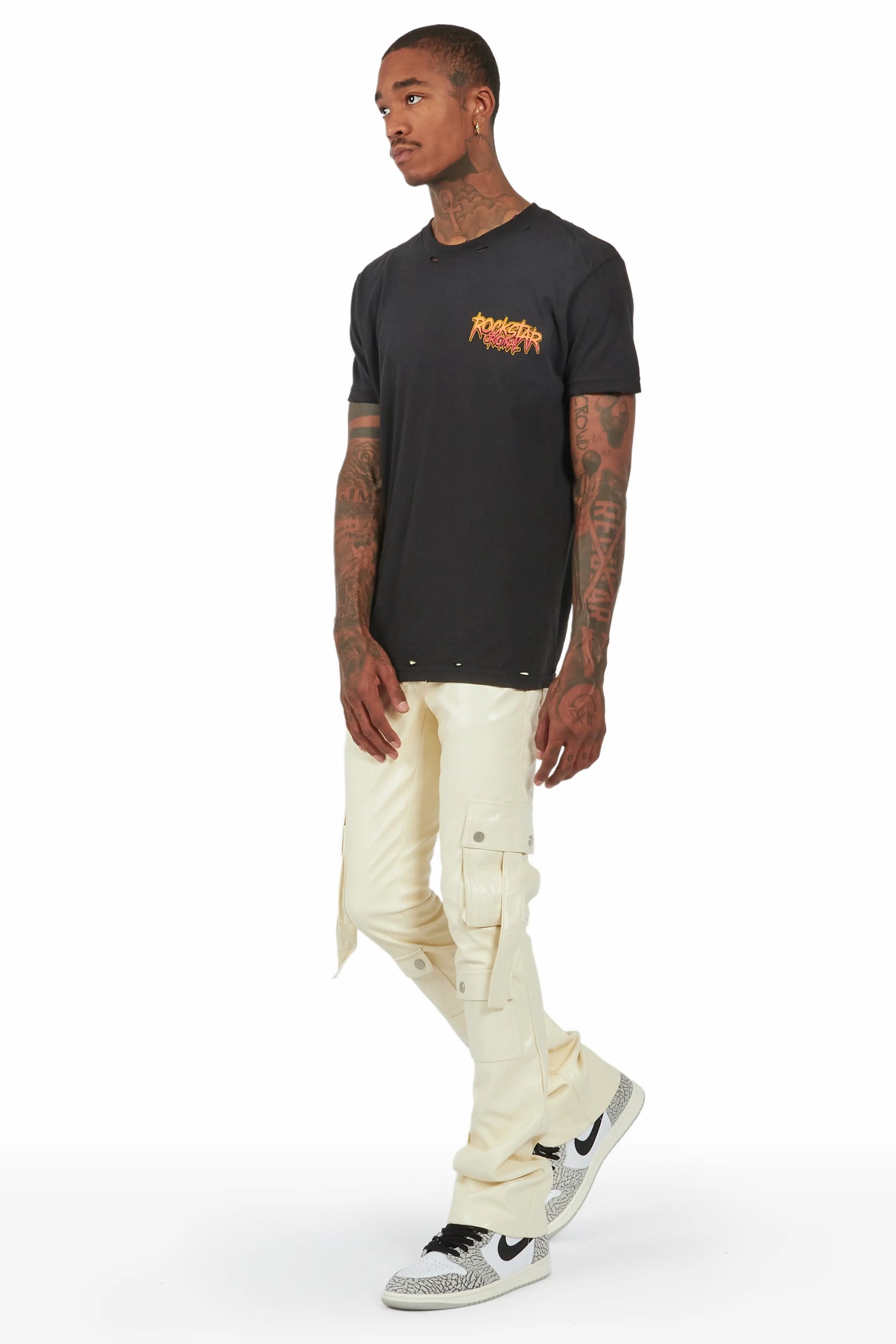 Errol Cream Faux Leather Stacked Cargo Jean