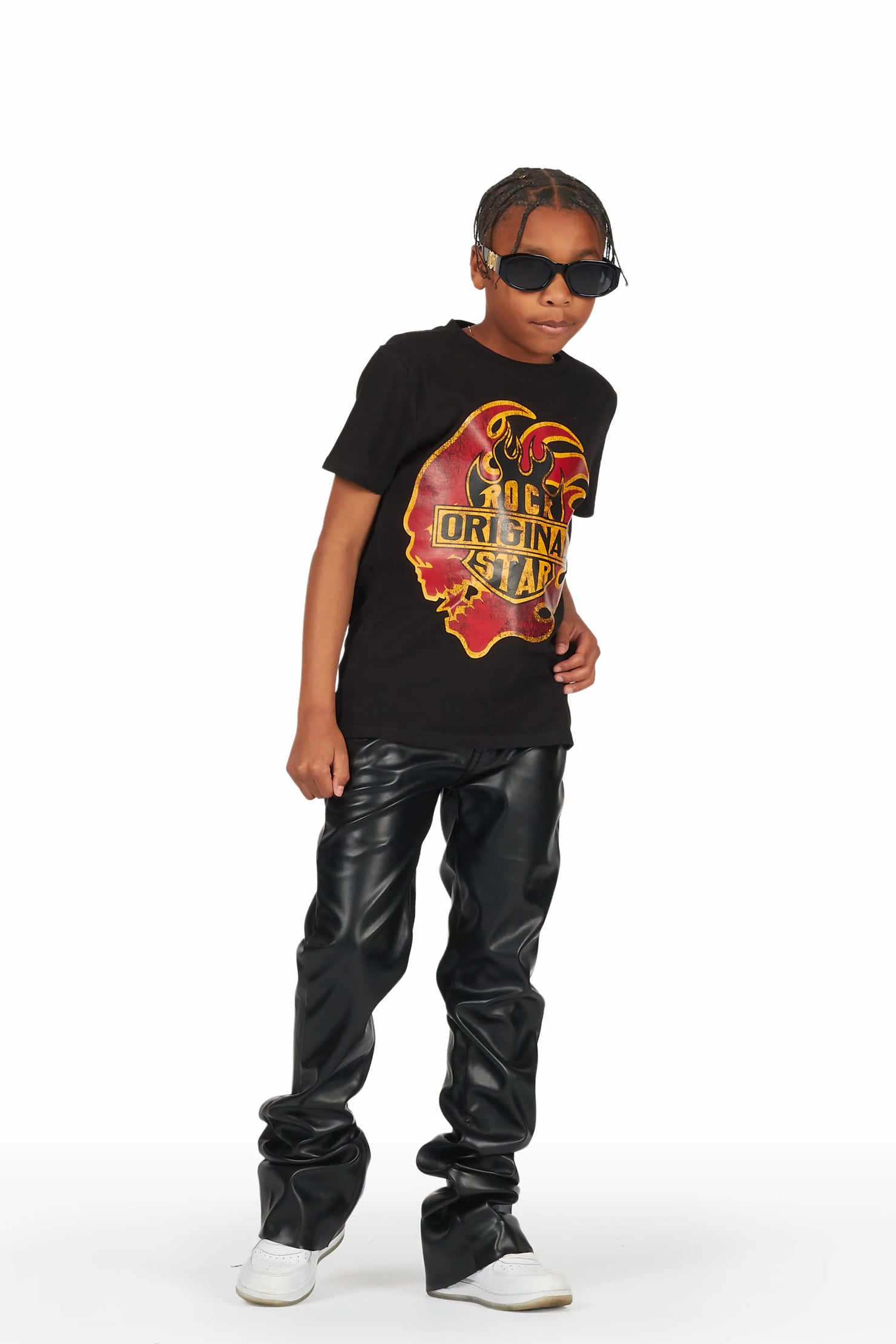 Boys Ricky Black PU Super Stacked Flare Jean