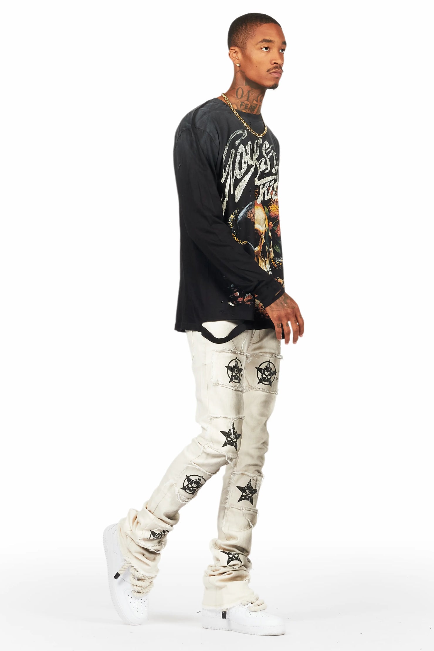 Dancho Beige Patchwork Super Stacked Flare Jean