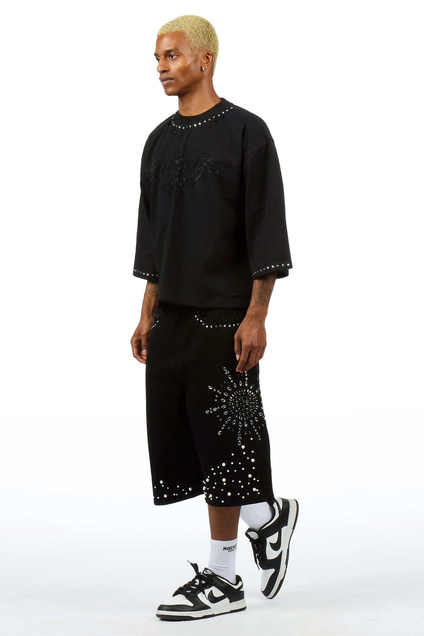 Tryst Black Rhinestone T-Shirt Denim Short Set