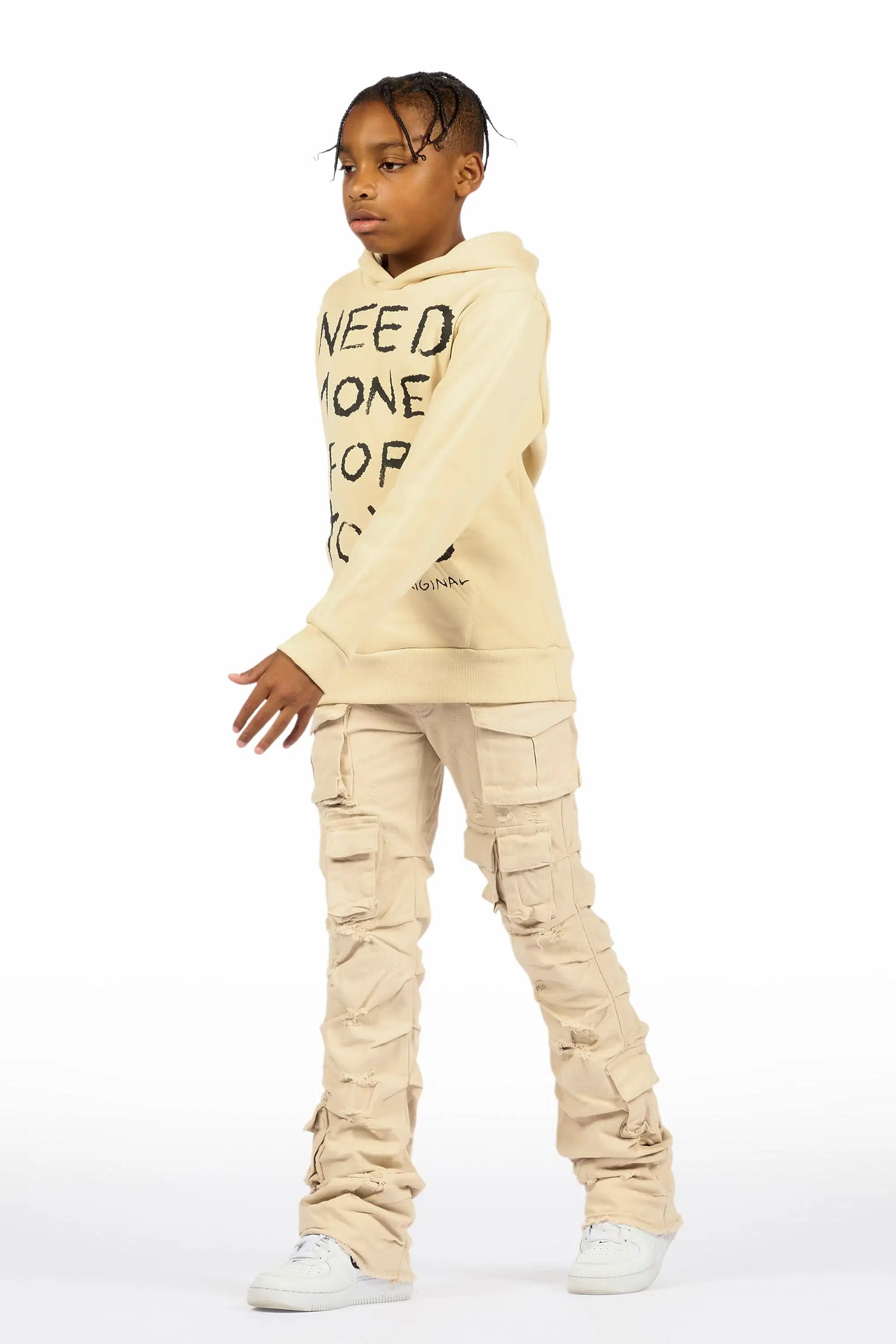 Boys M4 Toys Beige Hoodie/Stacked Jean Set