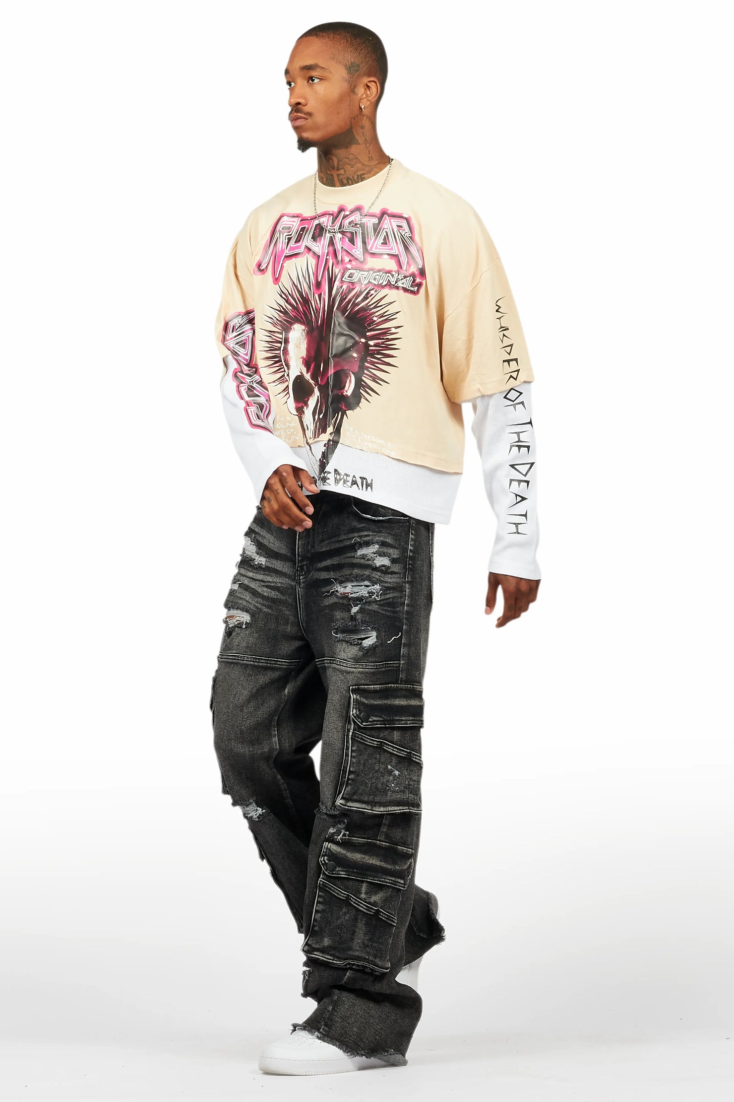 Cariel Vintage Sand Thermal Double Layer Boxy Crop T-Shirt